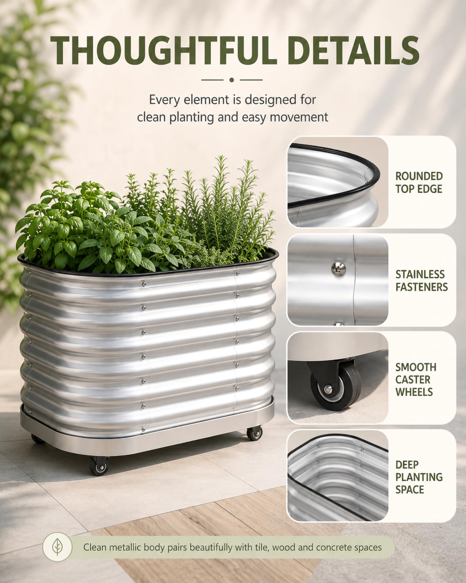 Fioriera Da Esterno in Metallo in Acciaio INOX 304 con Ruote E Spazio Profondo, Aiuola Rialzata in Metallo con Ruote, Vaso per Fiori per Erbe, Fiori E Verdure,60 * 60 * 53cm/23 * 23 * 20in