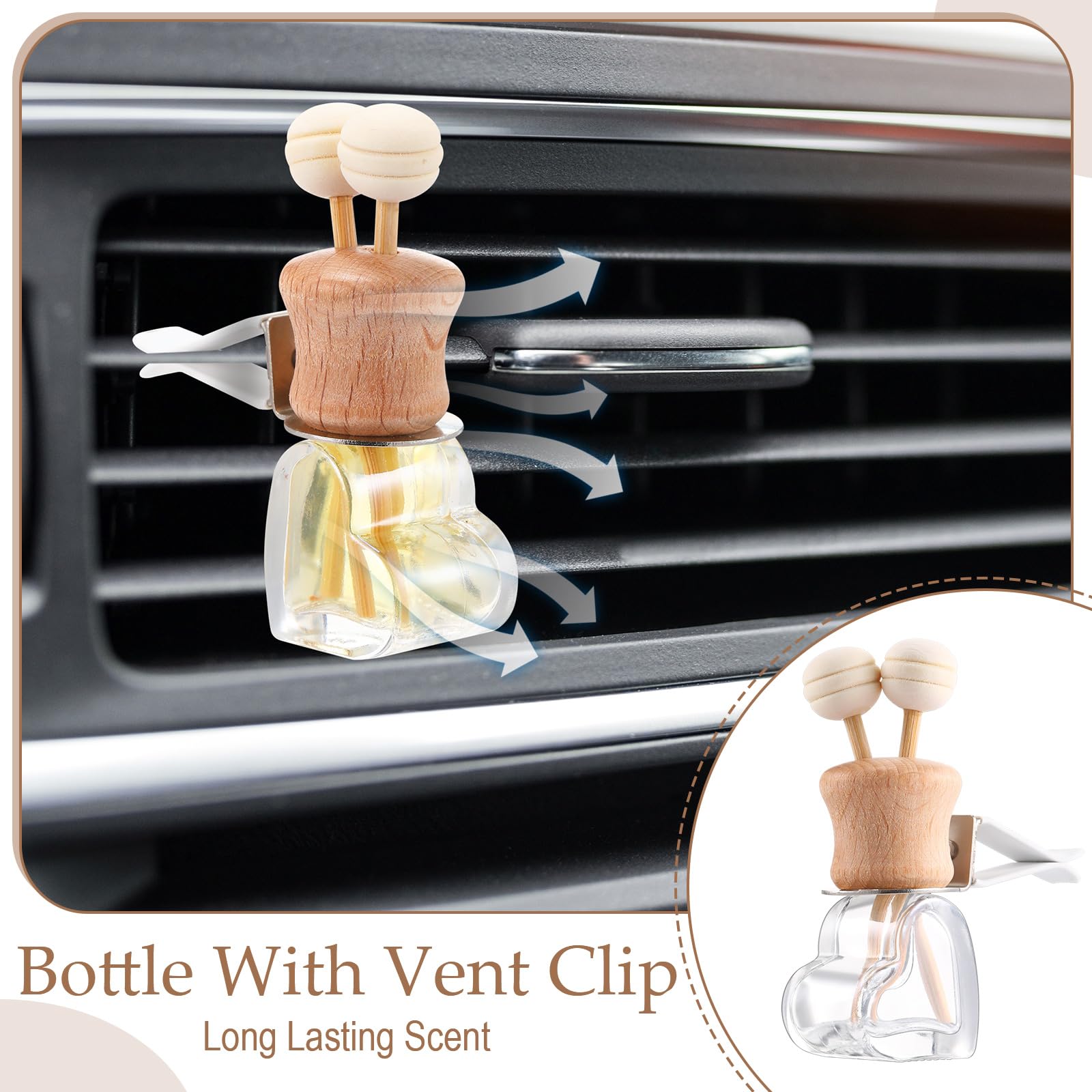 Zubebe Paquete de 30 ambientadores de coche con clip de ventilación, botellas difusoras vacías para aceite esencial, perfume, botella difusora de vidrio con tapas de madera (corazón)