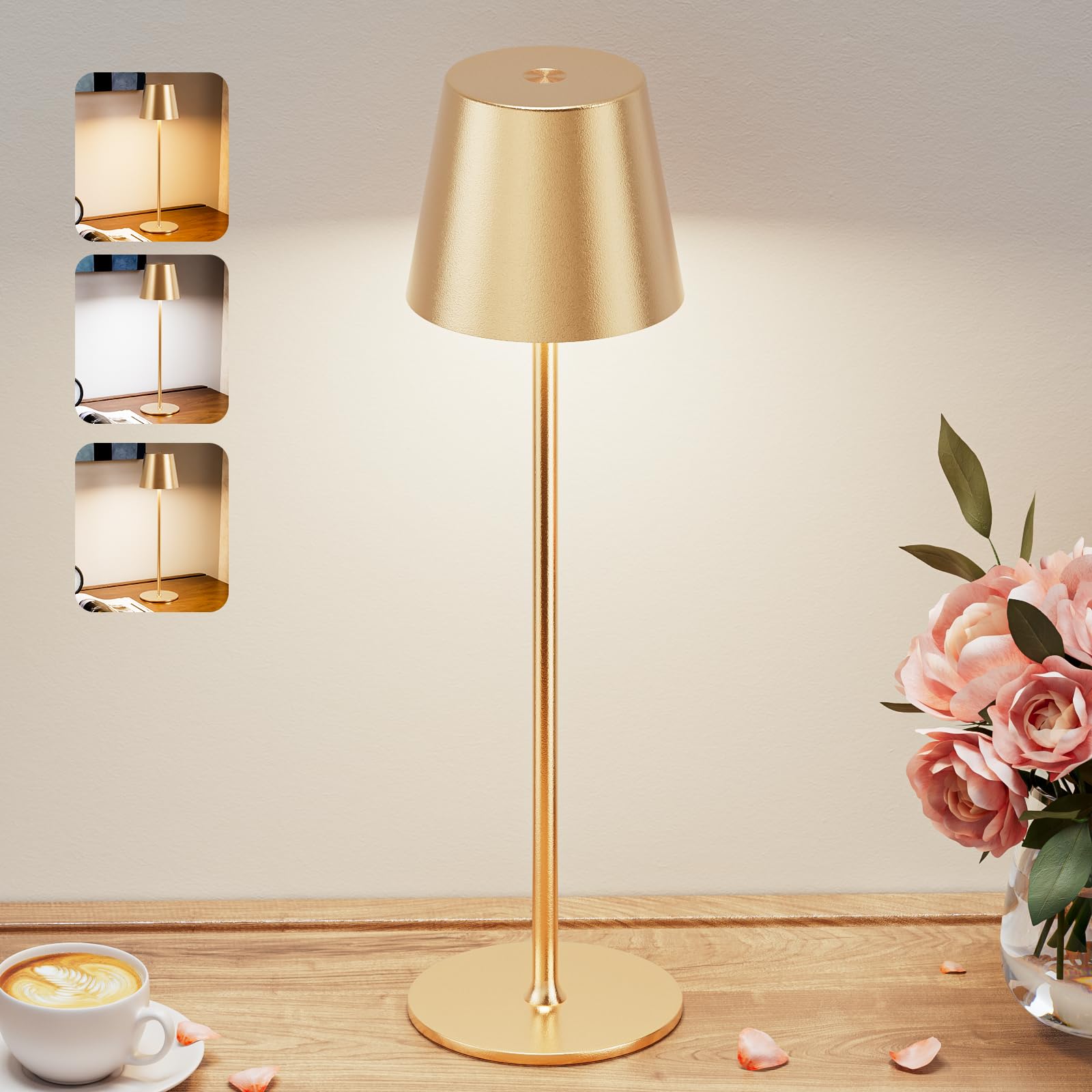 Gold Cordless Table Lamp Rechargeable - KK 1 Pack 5000mAH Battery Operated Lamp for Counter, 3 Color Stepless Dimming Waterproof LED Wireless Lamp for Dining Table, Outdoor Patio, Touch Control