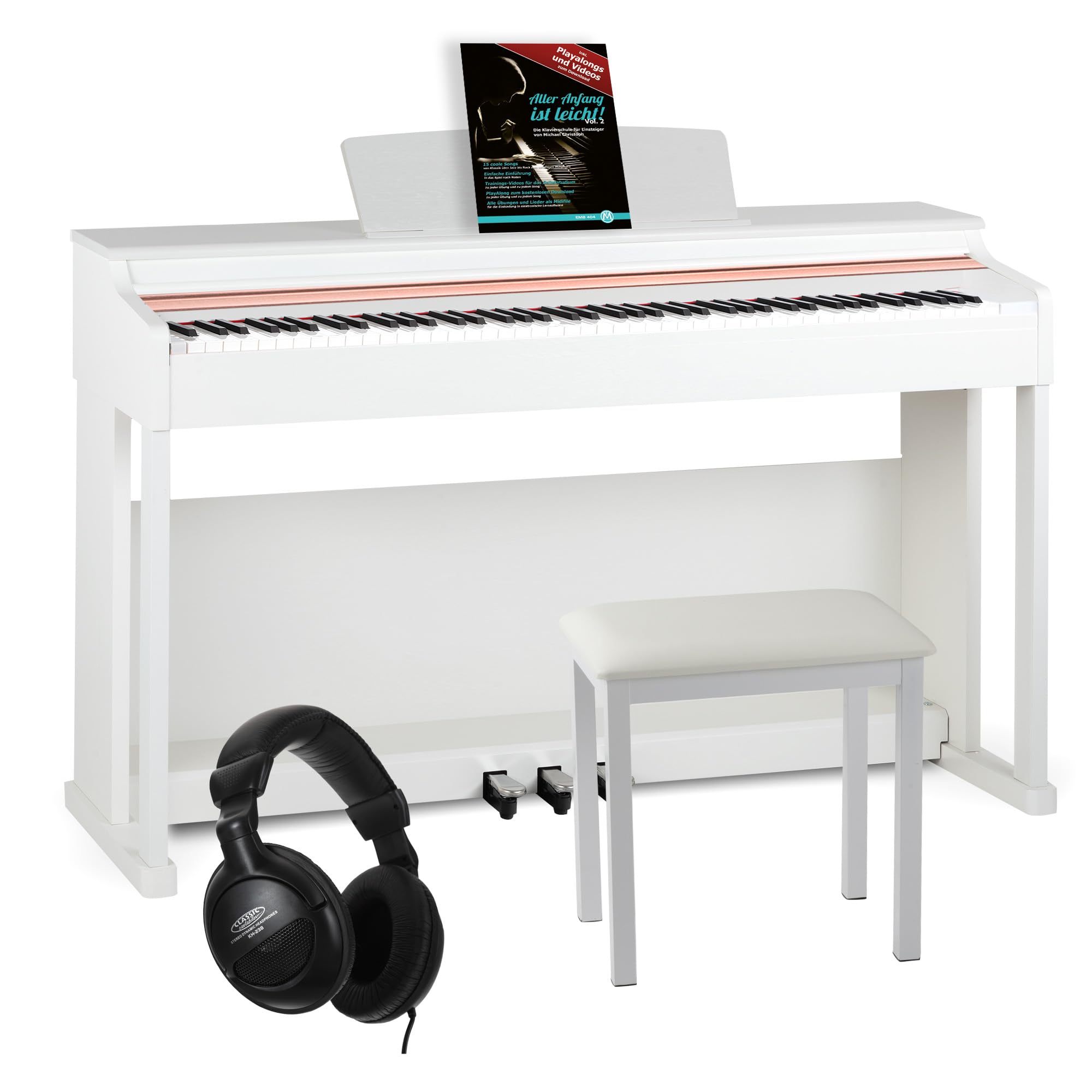 McGrey DP-19 WM E-Piano Set - 88 gewichtete Tasten mit Hammermechanik und Anschlagdynamik - 8 Klänge - Tastaturabdeckung - inkl. Klavierbank, Kopfhörer und Klavierschule - Weiß matt
