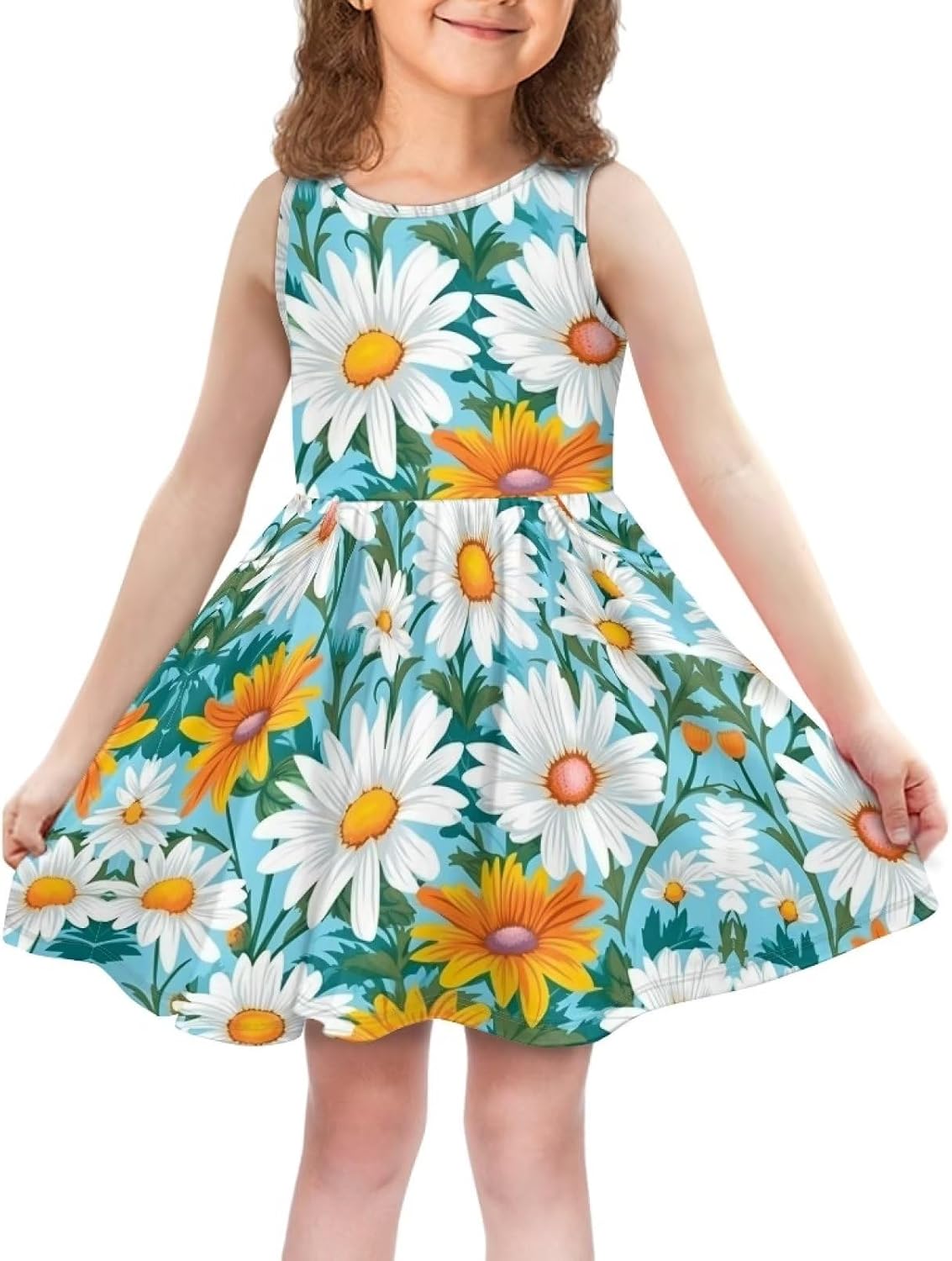 Cute Floral Sundress for Girls Loose Fit Swing Twirly Sleeveless Dress with Pockets