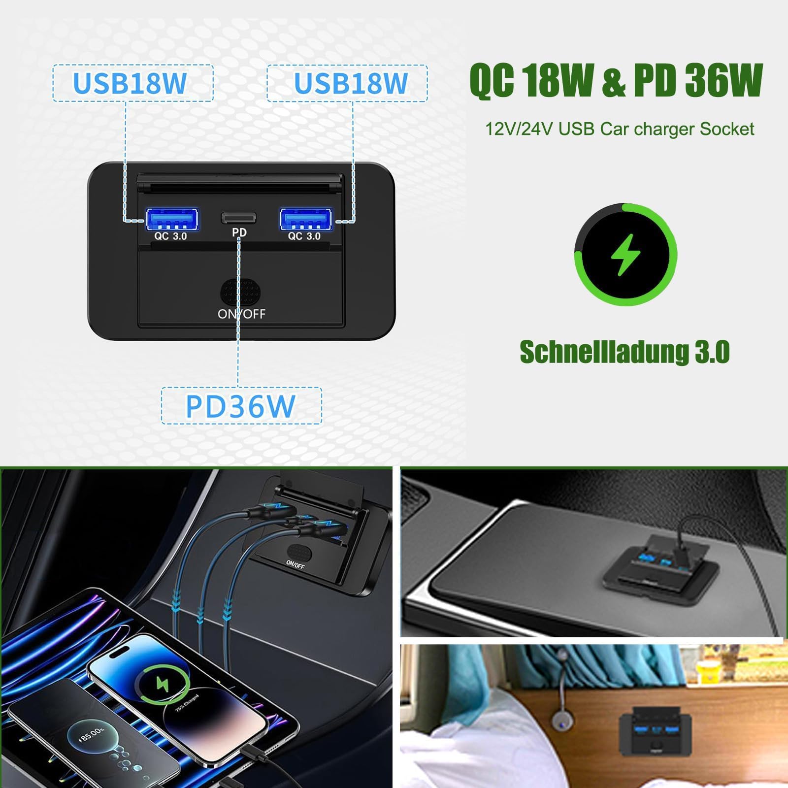 Presa USB 12V, 72W - Caricatore Triplo Porta con Ricarica Rapida Simultanea (2xQC3.0 + PD), Interruttore On/Off, Presa USB Integrabile per Auto 12-24V, Camion, Barche, Camper (2 Pezzi)