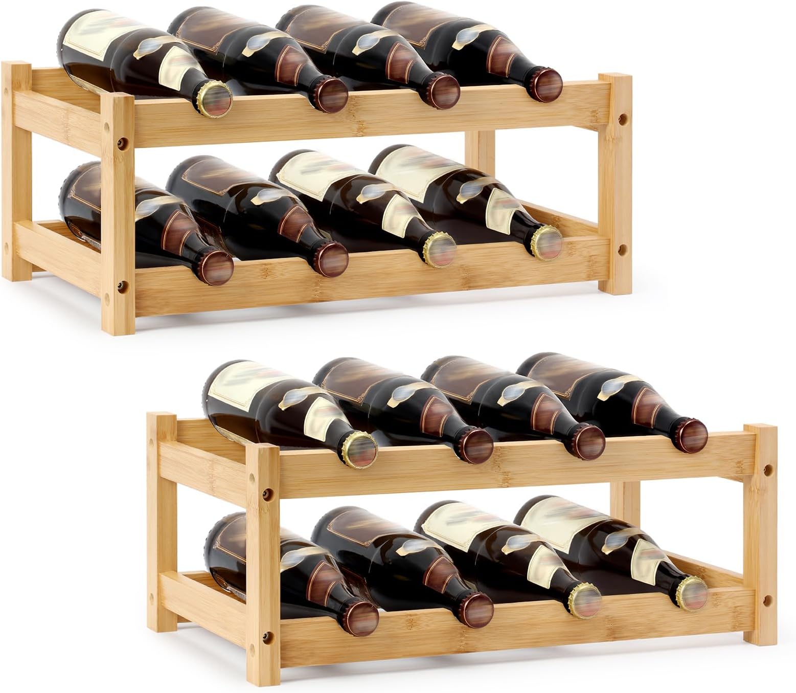 Maitys 2 Pieces Wine Rack Standing 8 Bottle 2 Tier Wine Rack Countertop Bamboo Wine Bottle Holder Wooden Wine Shelf Wine Stand for Kitchen Bar Cellar Basement Tabletop Display Cabinet Decor