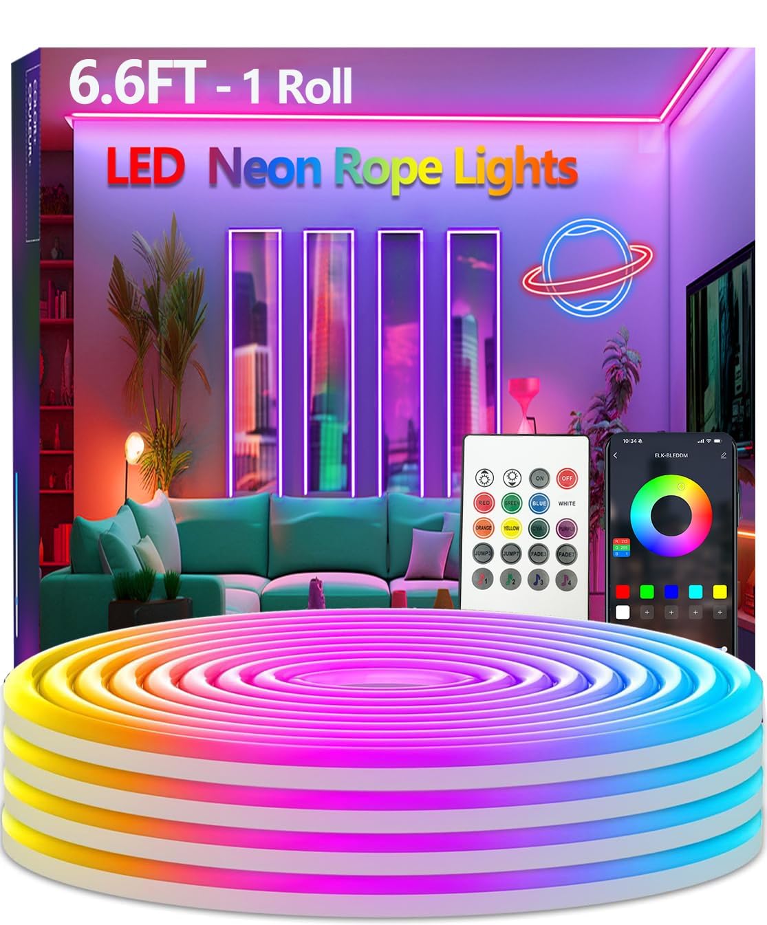 httpsmp 6.6FT Neon Rope Lights,Flexible Led Light Control with App/Remote,Multiple Modes,IP67 Outdoor Waterproof,Music Sync Strip for Bedroom