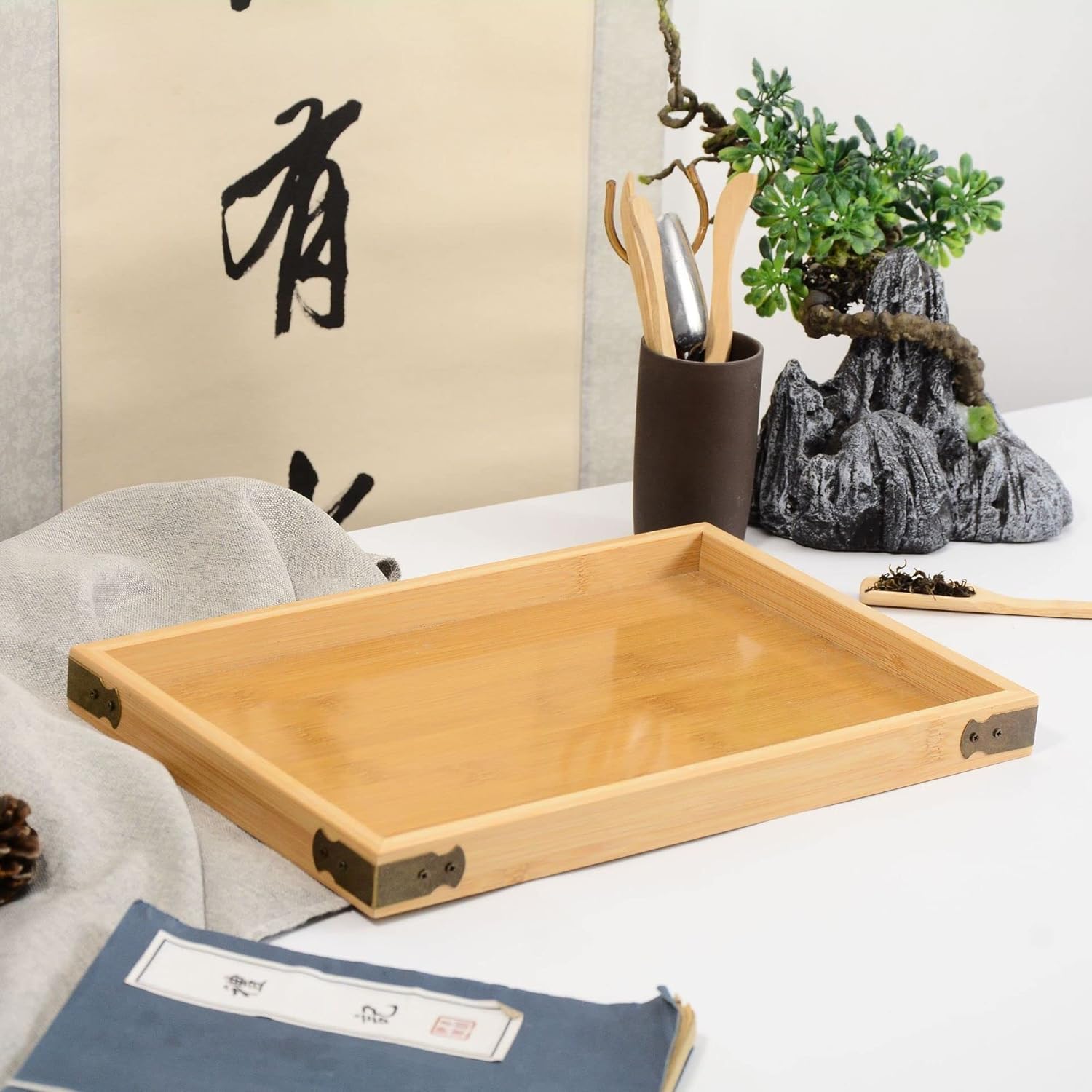 Chinese Style Household Tray Tea Tray Dim Sum Wood Tray Rectangular Wooden Saucer Fruit Plate Tableware (D Rectangular)