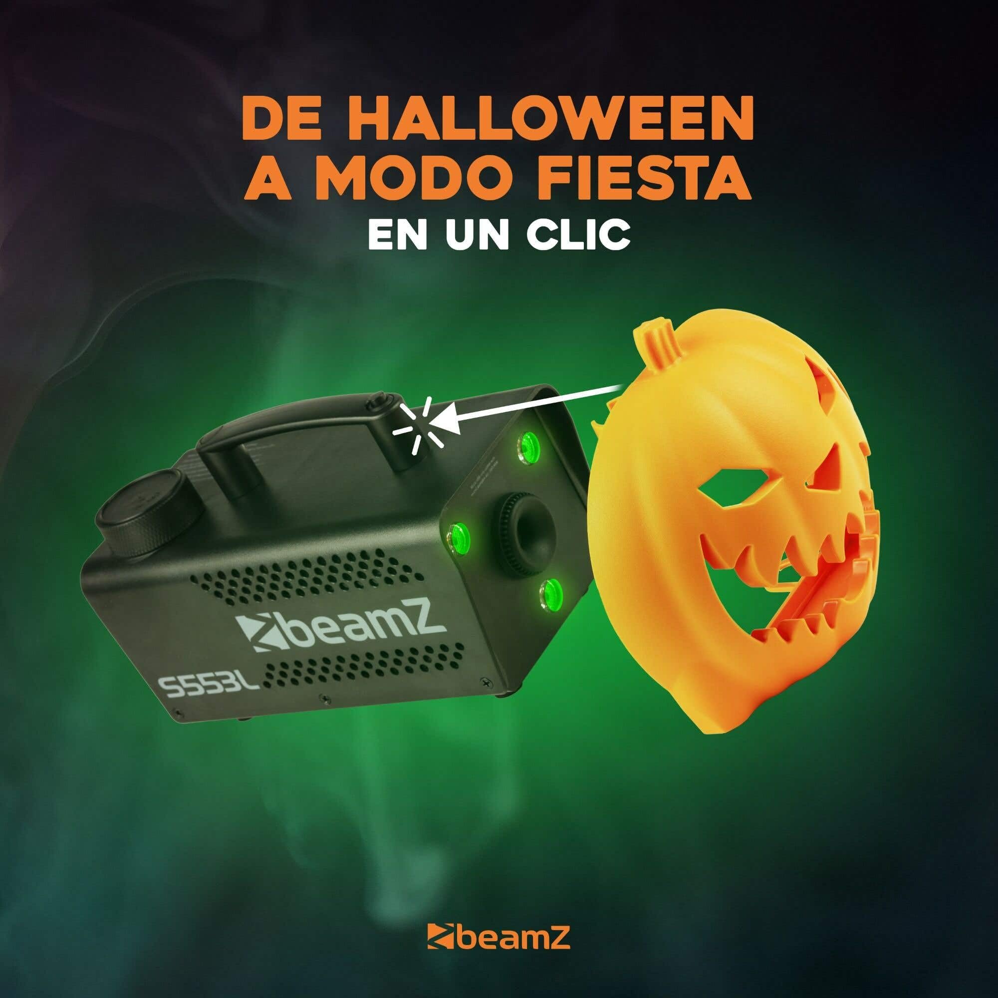 BeamZ S553L Nebelmaschine Halloween Deko mit LED Kürbis Kopf, 550 Watt Rauchmaschine mit Erdbeer Fluid und Reinigungsflüssigkeit, 2-in-1 mit Halloween Kürbis Deko 16 Farben, Soundeffekt