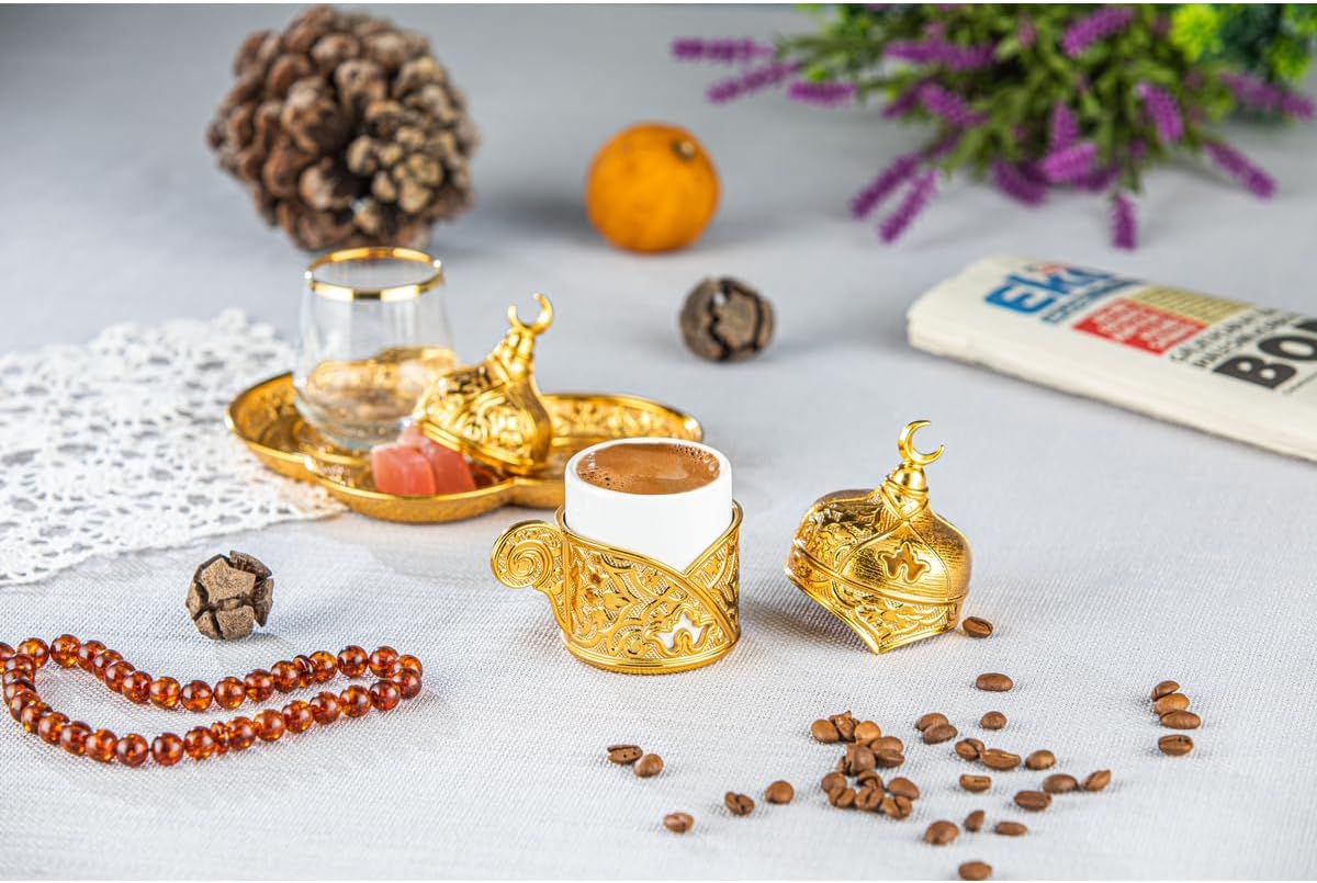 SODEF Coffee Set Presentation Set Single Service Zamak Material, Classic Design Turkish Coffee Set, 3 fl oz Capacity - Gold, One Size