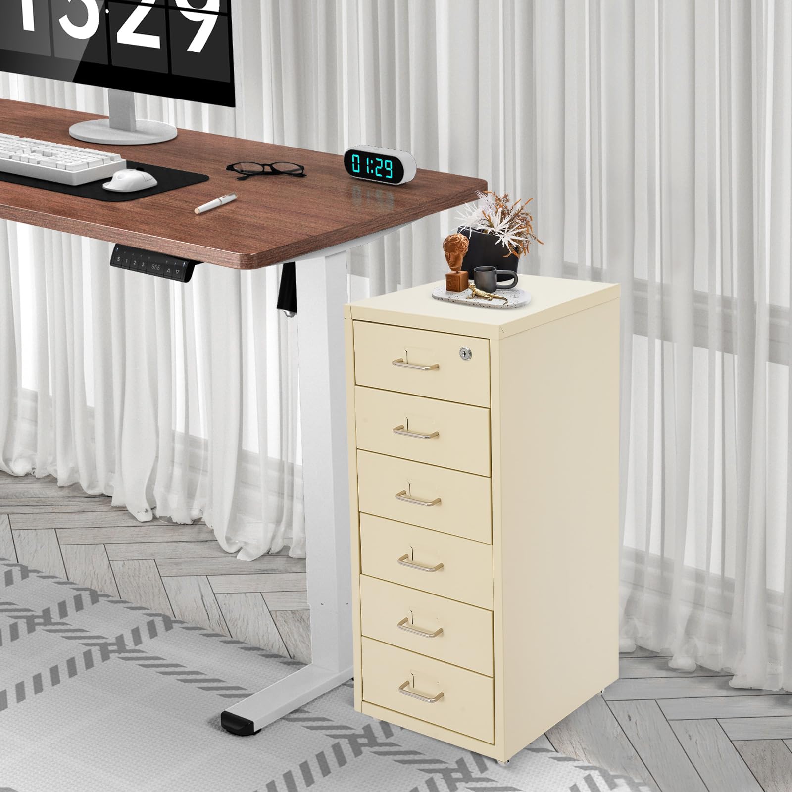 Armoire de classement à roulettes avec 6 tiroirs - En métal - Verrouillable - Armoire de bureau avec roulettes - Pour bureau et maison - 28 x 41 x 69 cm - Beige