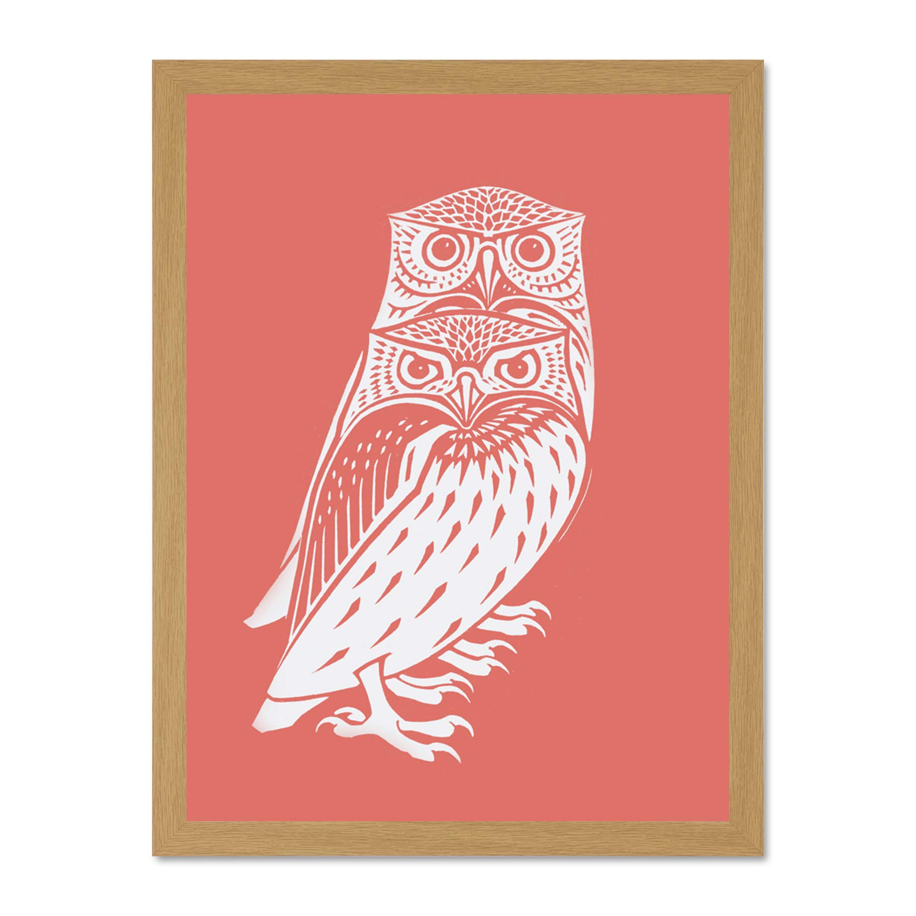 Wee Blue Coo Living Coral Owls Julie De Graag Large Light Oak Framed Art Print Wall Poster 18x24 inch