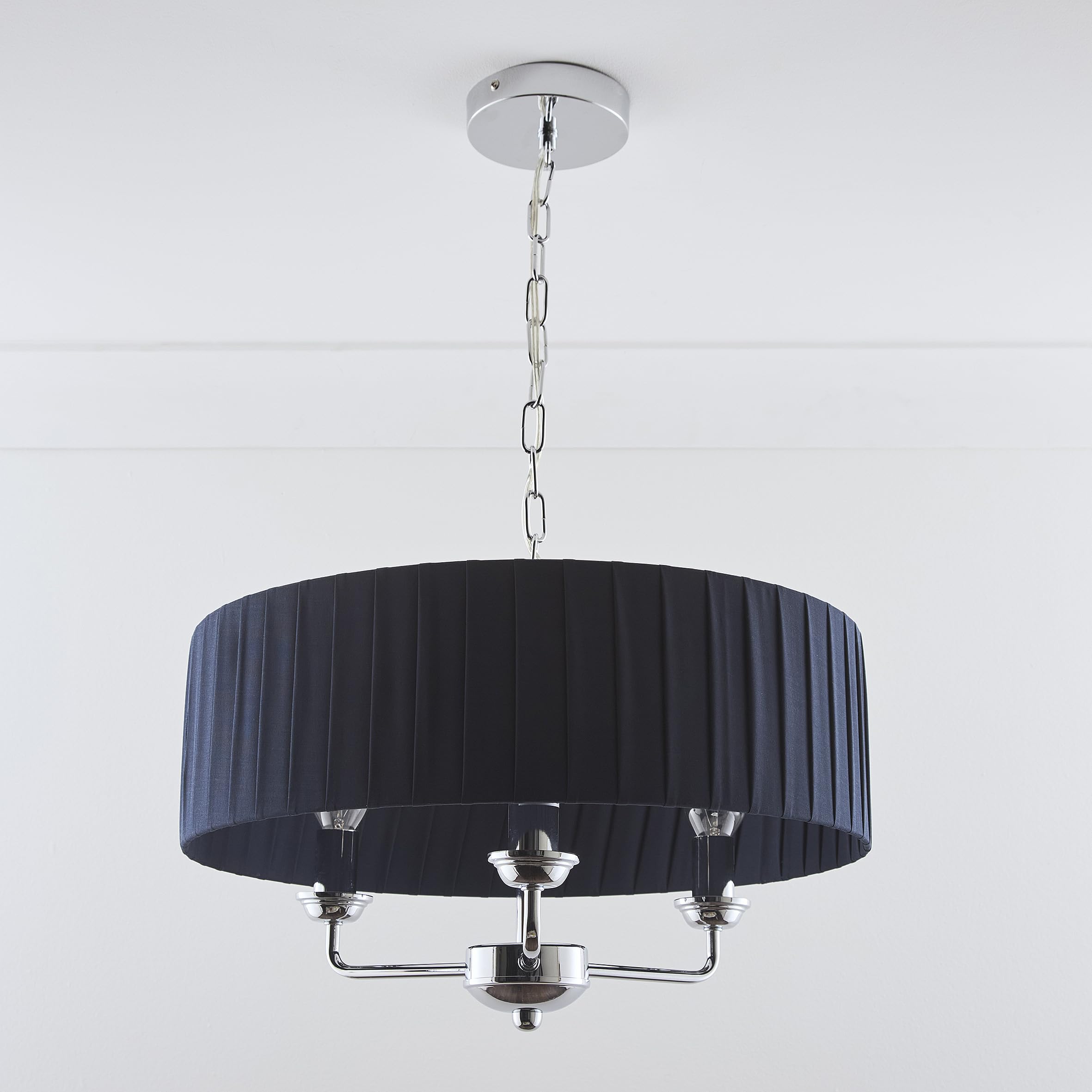 K LIVING Giulia 3 Light Chrome Chandelier with Navy Pleated Fabric Shade | Contemporary Drum Design | Polished Chrome 3 Arm Dimmable Lamp Holder | Available in Cream, Grey, Navy
