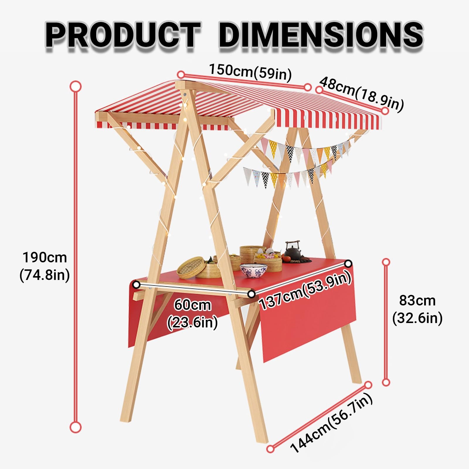 Carrito de madera portátil con toldo, cabina de venta de alimentos plegable al aire libre, carrito de empuje, mesa de exhibición para vender aperitivos y bebidas