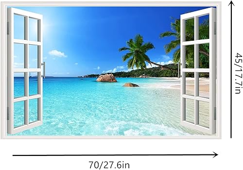 Miniatura 4 de Adhesivos de pared de ventanas falsas de mar azul, vinilo 3D, autoadhesivo, para ventana, playa, paisaje marino, palmeras verdes, calcomanías de