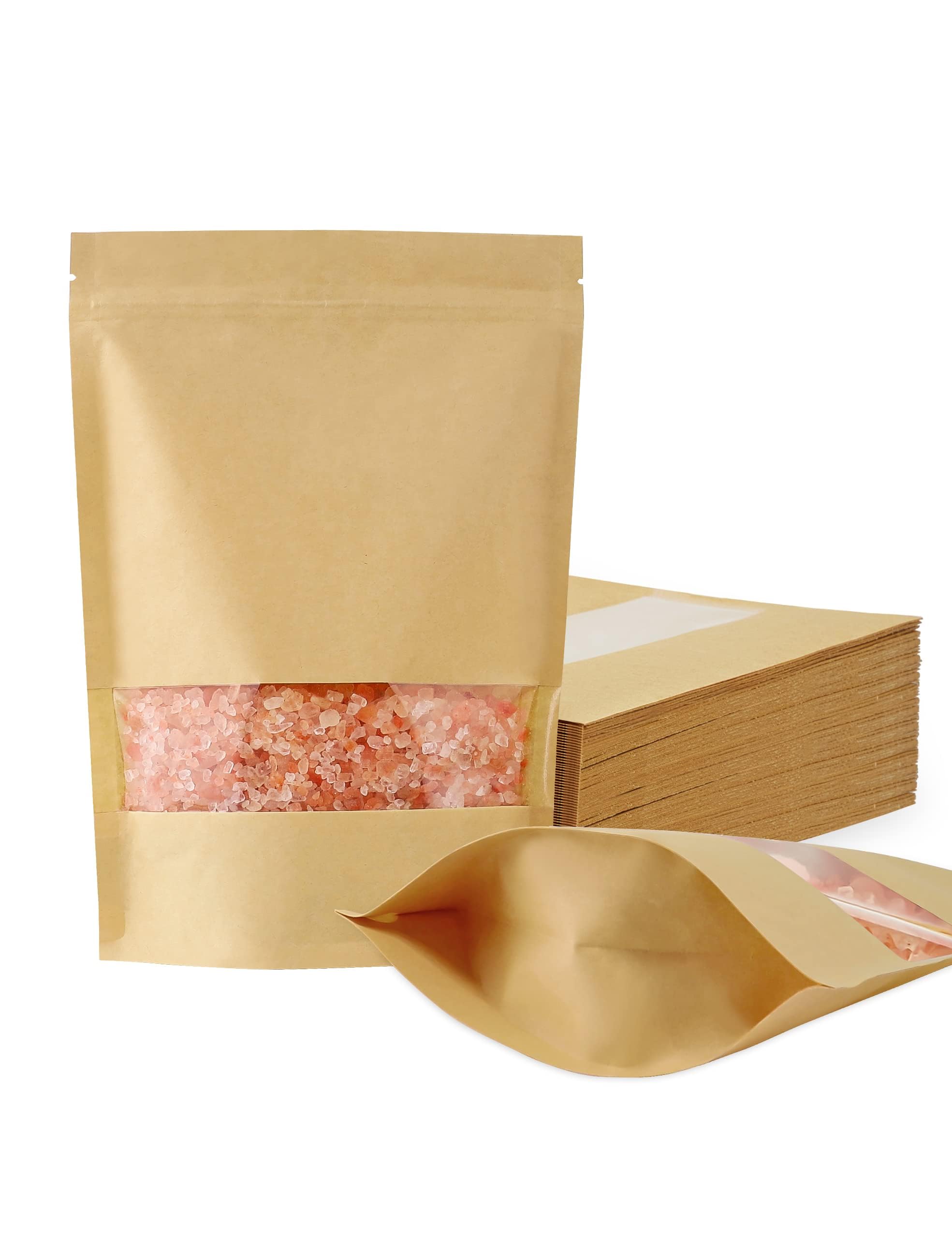 50 Pcs Kraft Paper Bags with Window, Stand Up Pouches Bags, Zip Lock Food Storage Bags for Packaging Products, Reusable, Sealable (17 * 24cm)