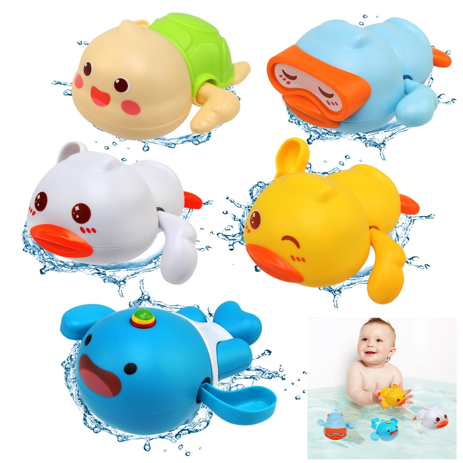 BelleStyle Juguetes Baño Bebe, Juguetes Bañera para Niños Niñas 1 2 3 4 Año, 5 Piezas Patos Ballena Animales Fotantes Juego de Agua Juguetes Piscina Juego de Ducha Regalo para Bebe Niños Pequeños