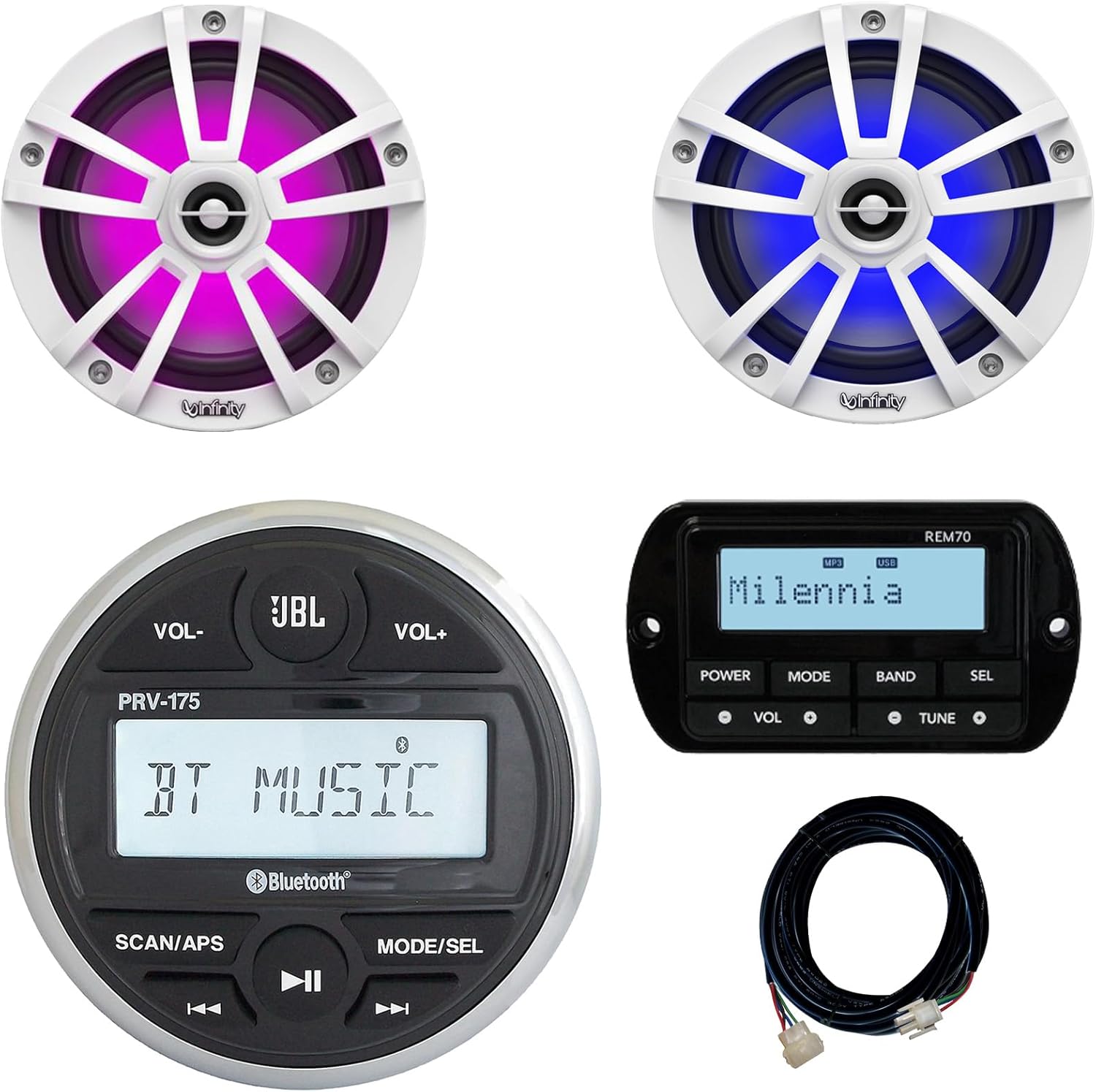 JBL PRV-175 Marine Gauge Hole Mount USB Bluetooth AM/FM Digital Stereo Receiver, Wired Remote & 20-foot Extension Cable Bundle Combo One Pair (QTY 2) Of 6.5" 225W Max Boat RGB LED White Speakers