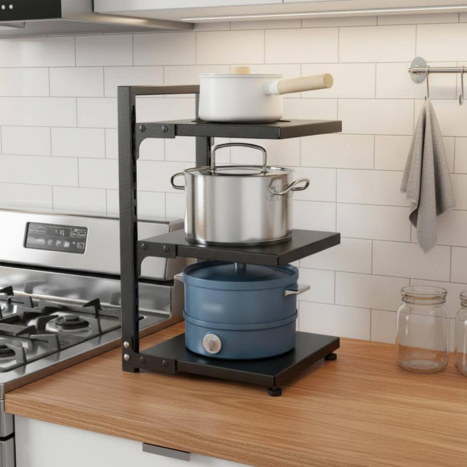 Amagogo Mensola Portapentole E Padelle Scaffale Cucina Organizer Multistrato Regolabile Acciaio al Carbonio Antiruggine Facile da Pulire E Smontare Montaggio, Nero, 5 Strati