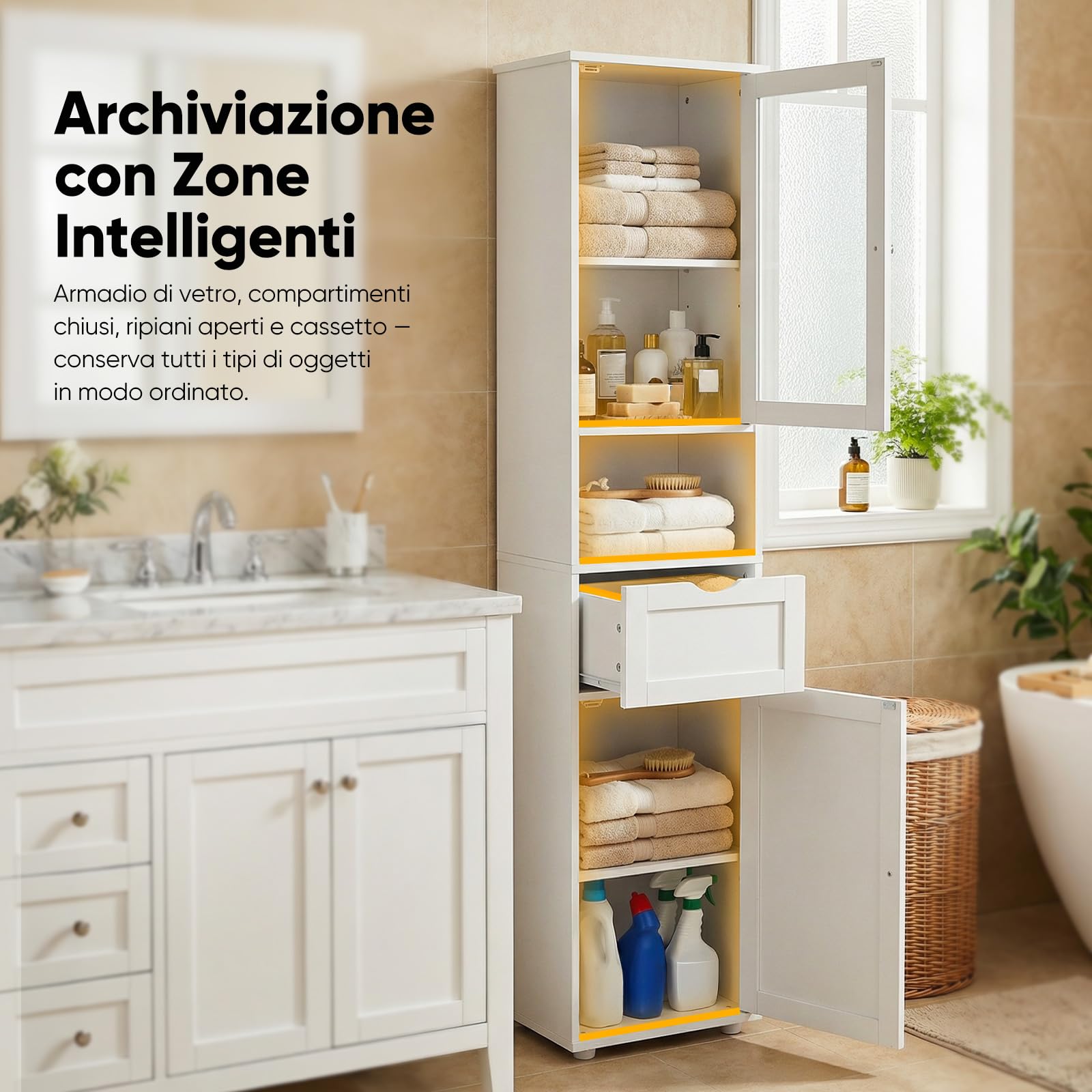 HOKEEPER Mobile alto da bagno bianco – Armadio da bagno sottile con 2 ante e scomparti aperti – Mensola da bagno indipendente & Armadio da cucina – Salvaspazio per bagno e soggiorno | Sottile salvaspazio armadietto alto armadio cucina mensola con anta per