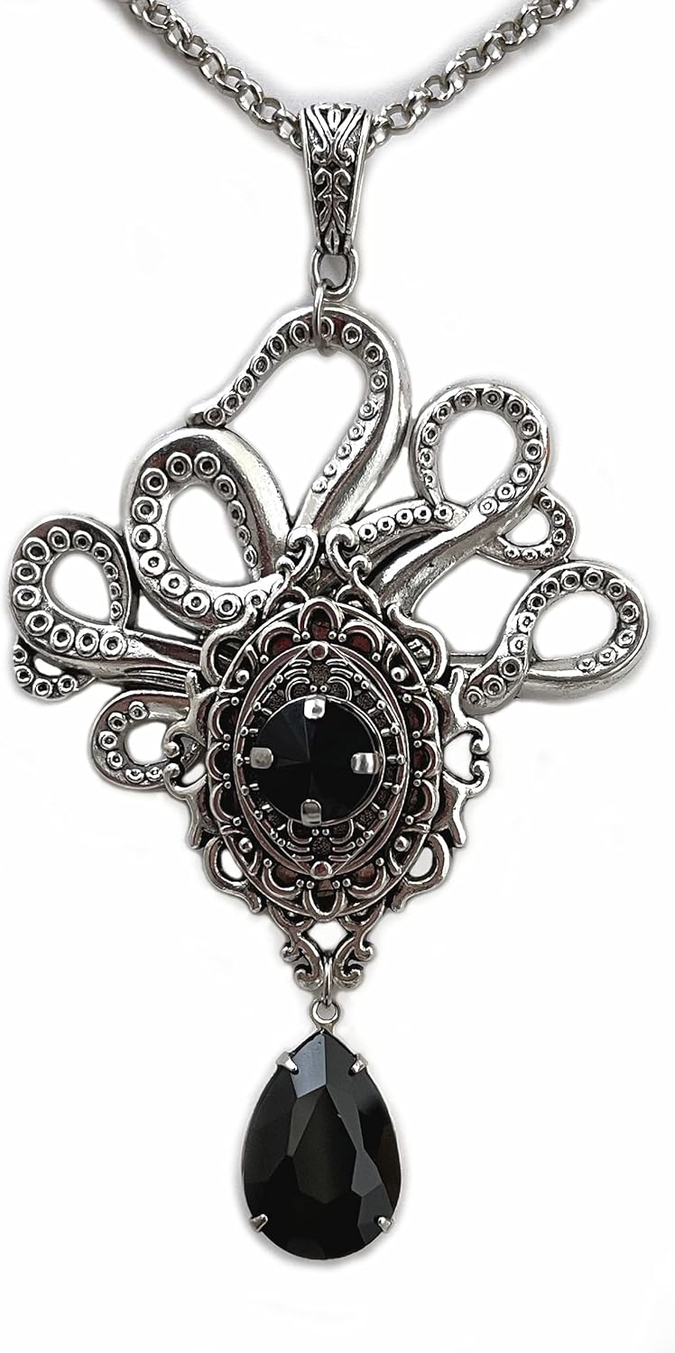 Large Antique Silver Gothic Filigree Lovecraftian Call of Cthulhu Mythos Deity Kraken Octopus Tentacle Necklace Choker Pendant