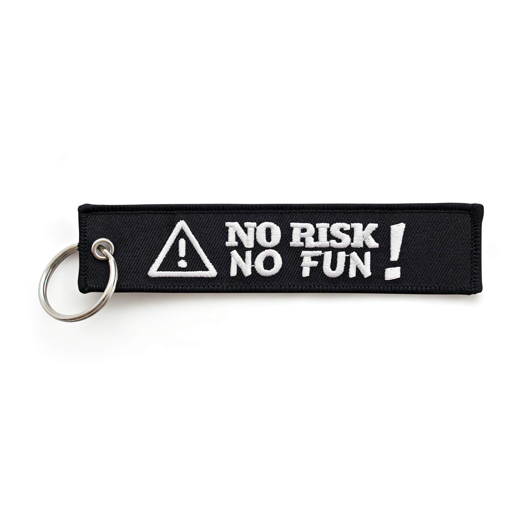 RENEGADE Motorfiets-sleutelhanger van stof met sleutelring, geborduurd en krasbestendig (130 x 30 mm, zwart). Ideaal voor de motorfiets (No Risk No Fun