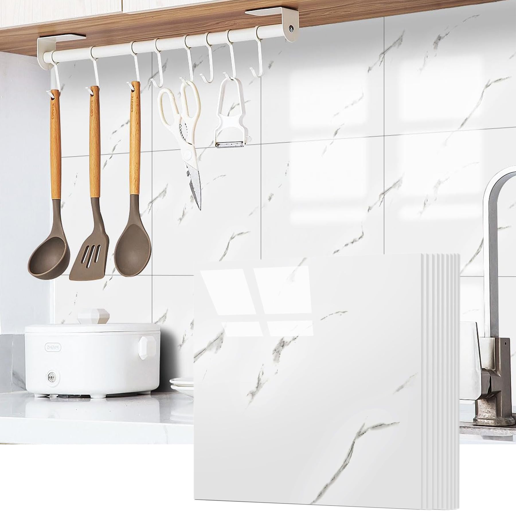 AMOYUN 10 Sheets Marble Tile Stickers, Stick on Tiles Peel and Stick Backsplash PVC Waterproof Oilproof Self Adhesive 30x30cm for Kitchen Bathroom Home Decor DIY