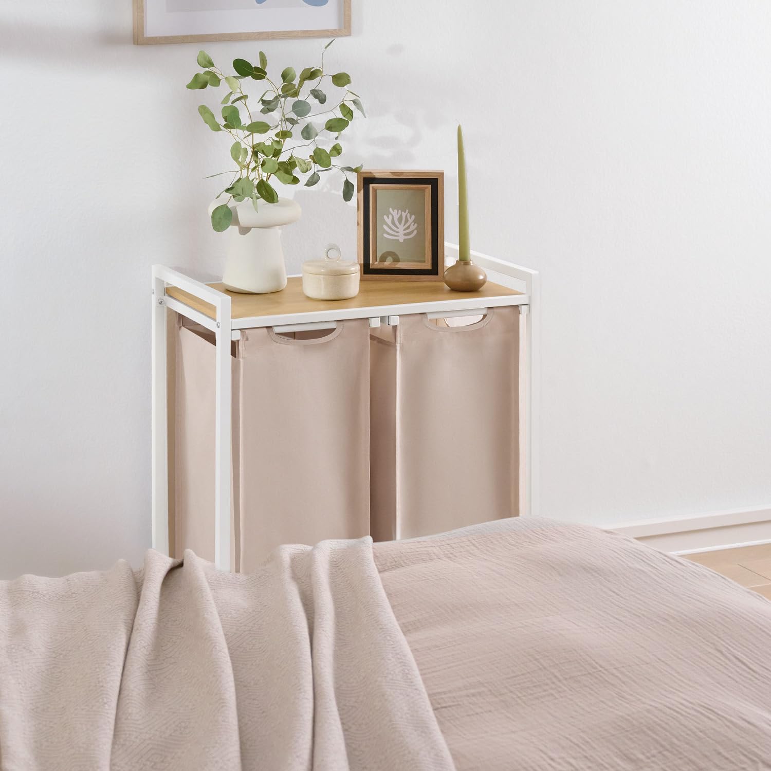 Blumtal cesto biancheria sporca 2 scomparti in grigio per organizzare - cesta portabiancheria 2 scomparti estraibili con ripiano superiore in materiale effetto cemento - struttura in metallo bianco