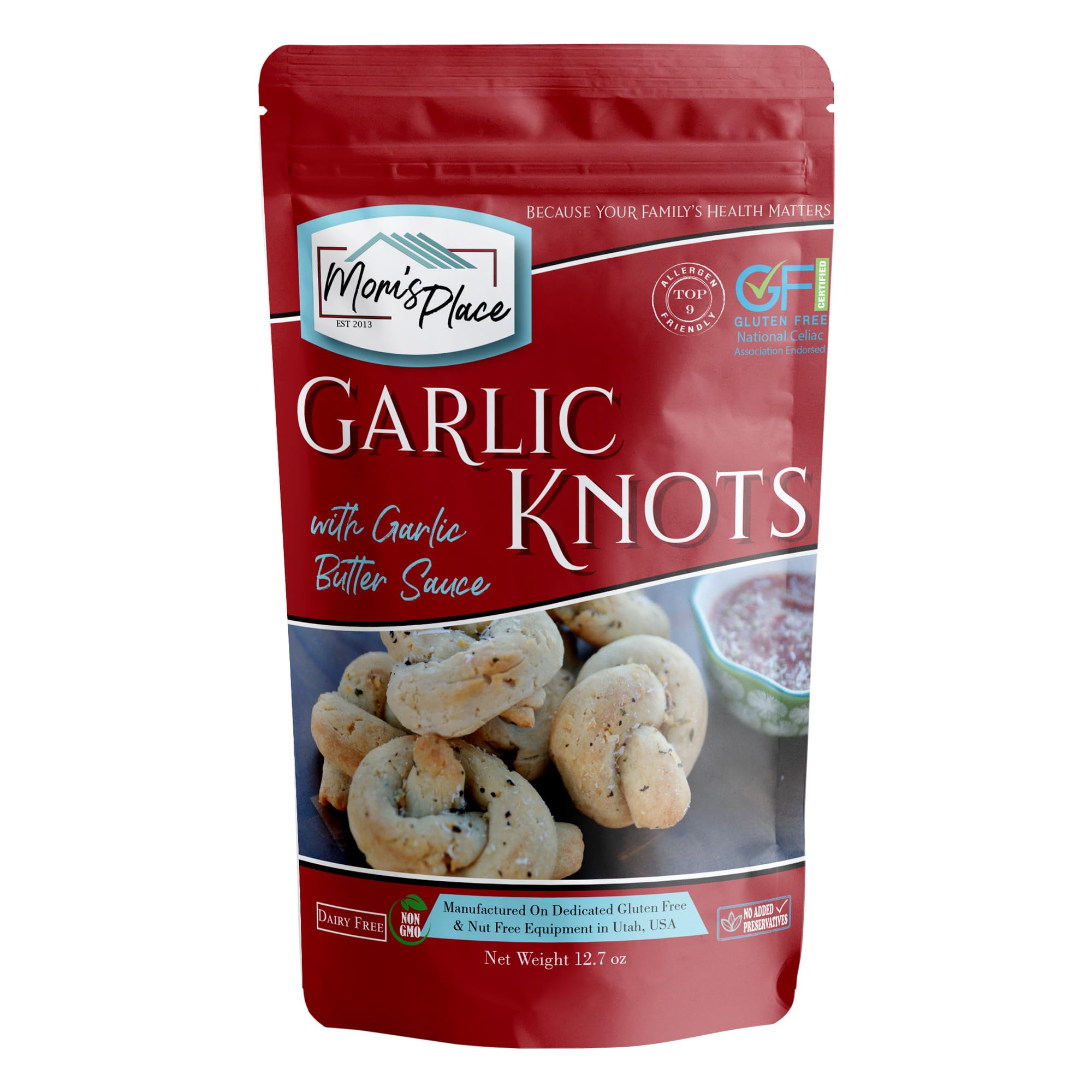 Mom's Place Gluten-Free Garlic Knot Mix with Garlic Butter Sauce, Nut-Free, Dairy-Free & Soy-Free, 12.7 oz.