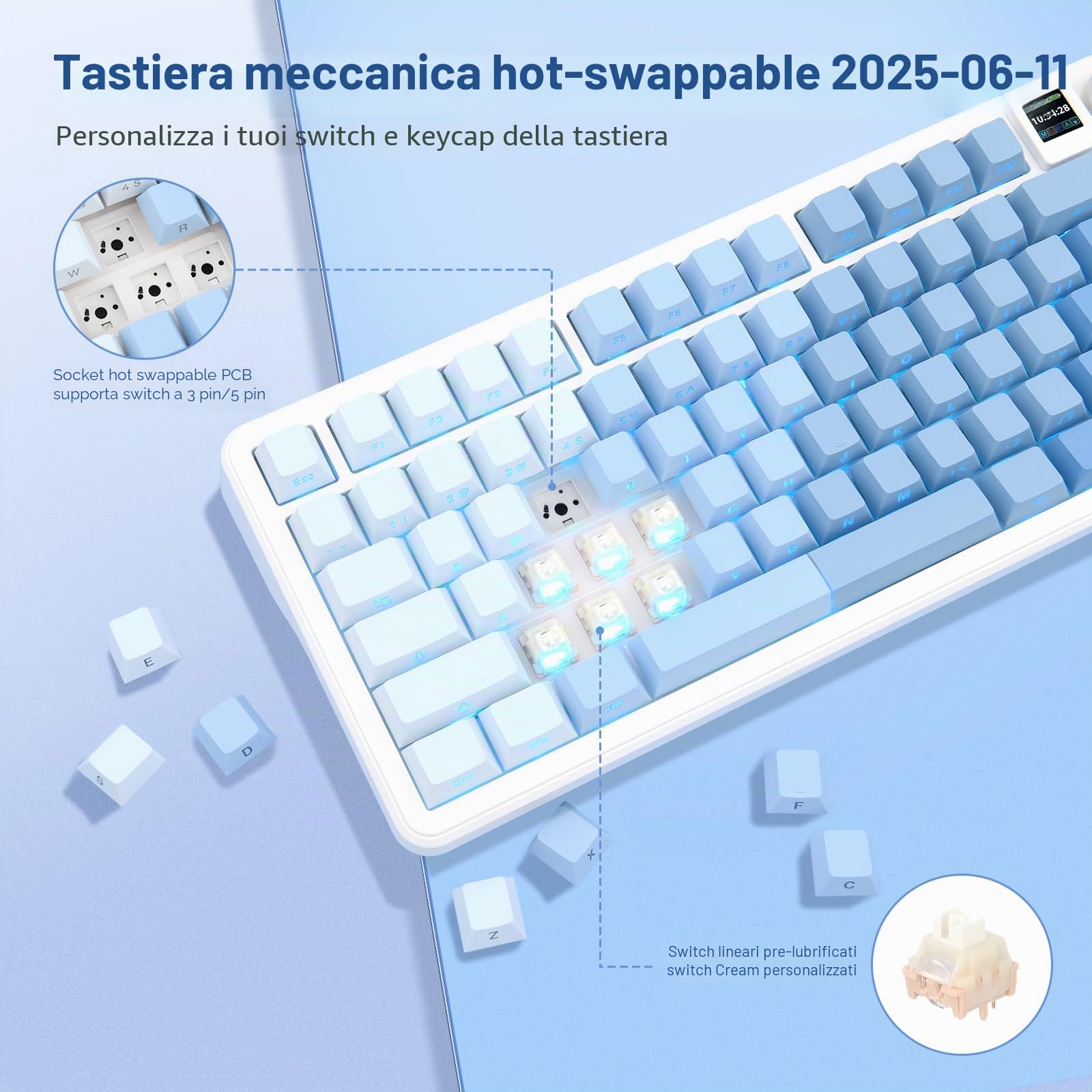 Rii Tastiera meccanica wireless da gioco con display TFT e manopola, tastiera cremosa sostituibile a caldo con retroilluminazione RGB, trimodalità BT/2.4G/USB-C, per Windows/Mac/Linux (blu)