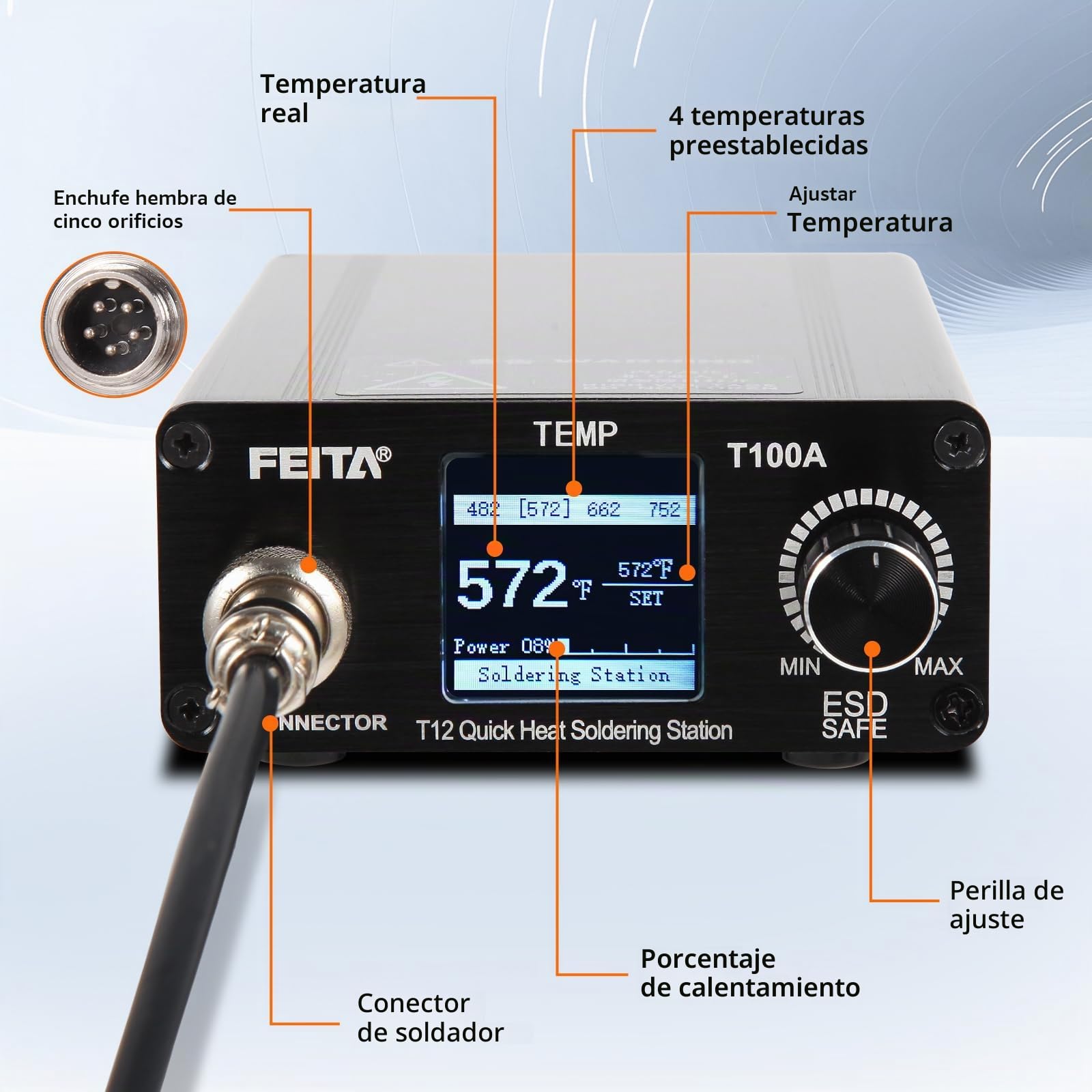 FEITA Kit de estación de soldadura digital T100A, 75 W, pantalla LCD, 4 canales, conversión °F-°C, apagado automático, incluye 3 puntas, cable de 15'
