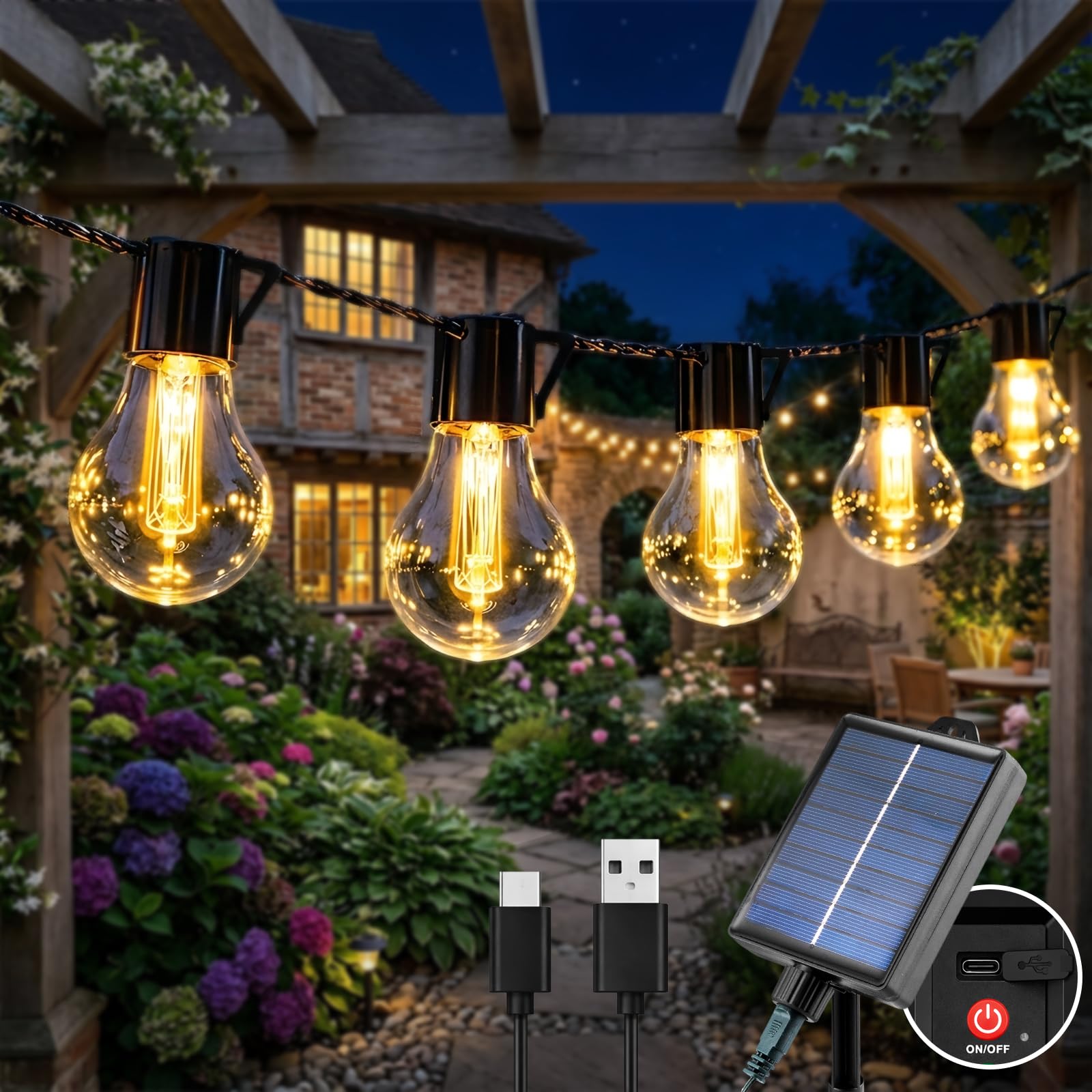 Cnulenzt Solar Lichterkette Aussen Outdoor, 20LED 9M solar lichterkette glühbirne mit 8 Modi,Akku für Balkon Garten Pavillon Terrasse Hochzeit Party