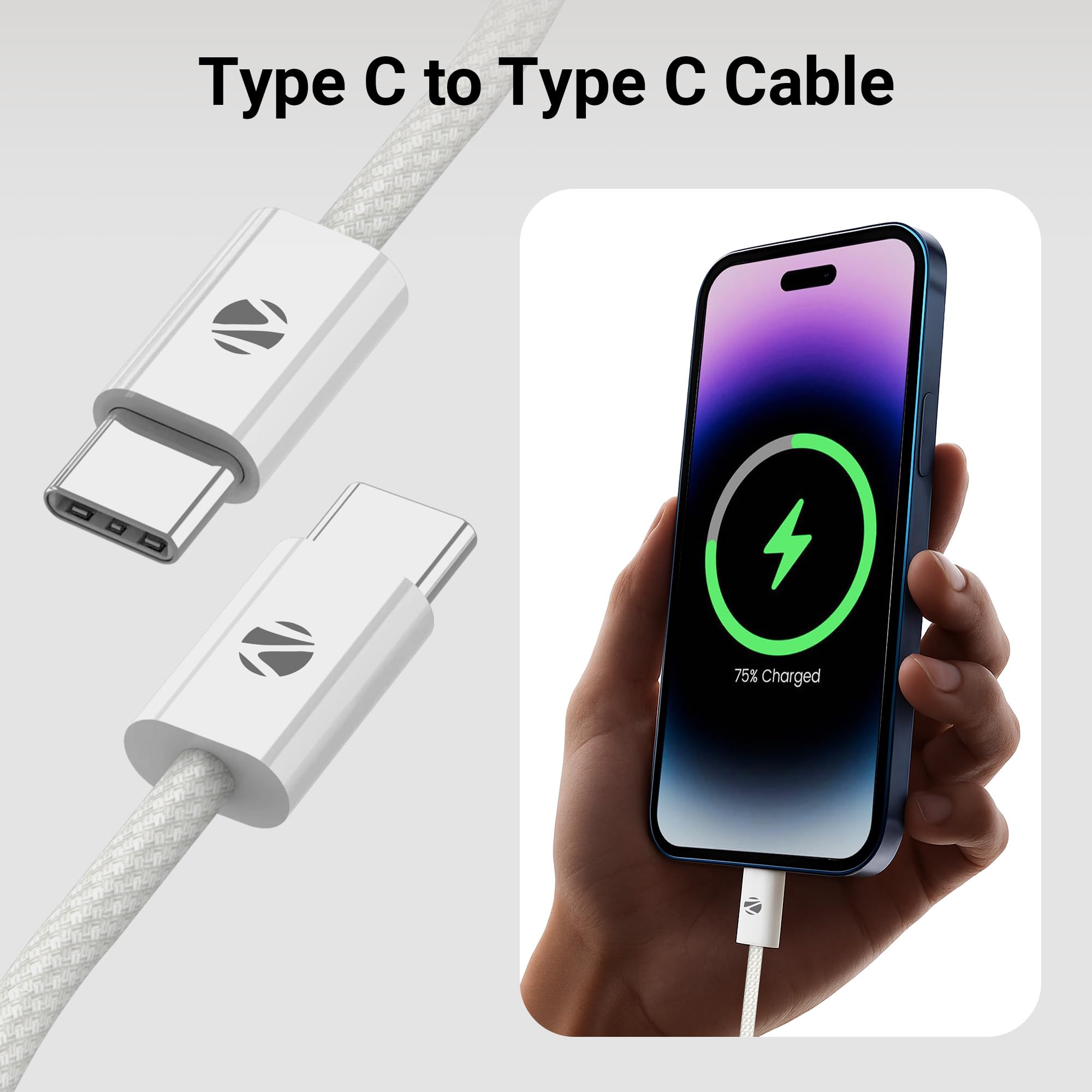 Zebronics Wattz 240CC1 Type-C to Type-C Braided Cable, PD 240W, 2 Meter, Durable, Charge & Sync, Rapid Charging, For Laptops, Tablets, Mobiles (White) — Amazon image 2