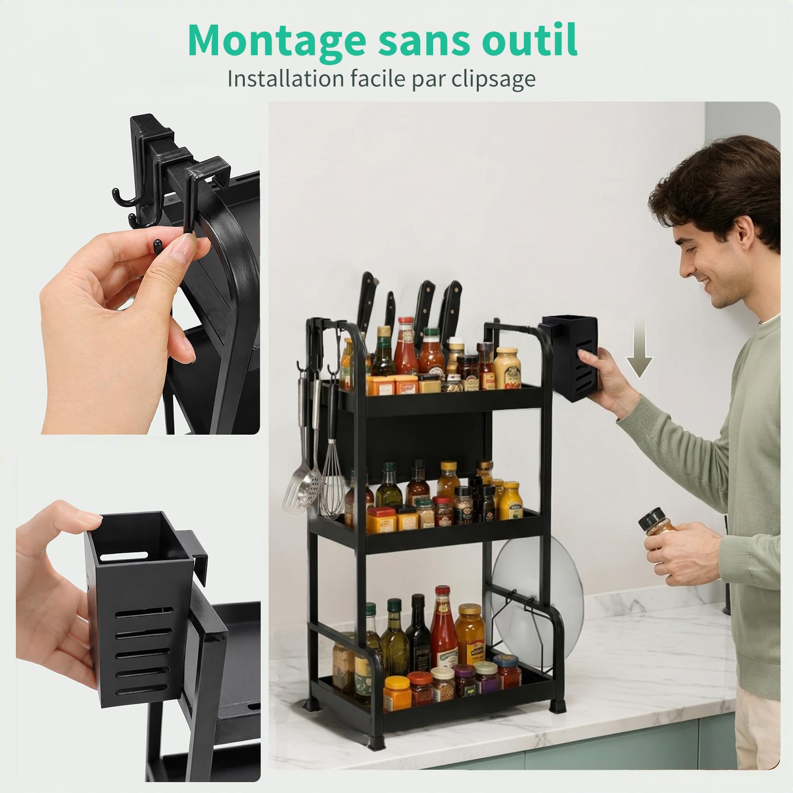 Lubardy Étagère à Épices 3 Niveaux Organisateur Cuisine avec Porte-Couteaux
