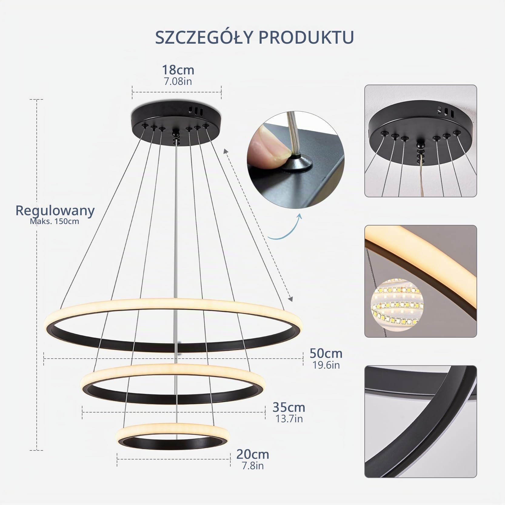 YOODI Lampa Wisząca LED Do Jadalni Regulacja Jasności Za Pomocą Pilota I Aplikacji 50+35+20cm 3 Pierścienie świetlne 45W 3000K–6000K Nowoczesna Lampa Wisząca LED Maksymalna Wysokość 150cm