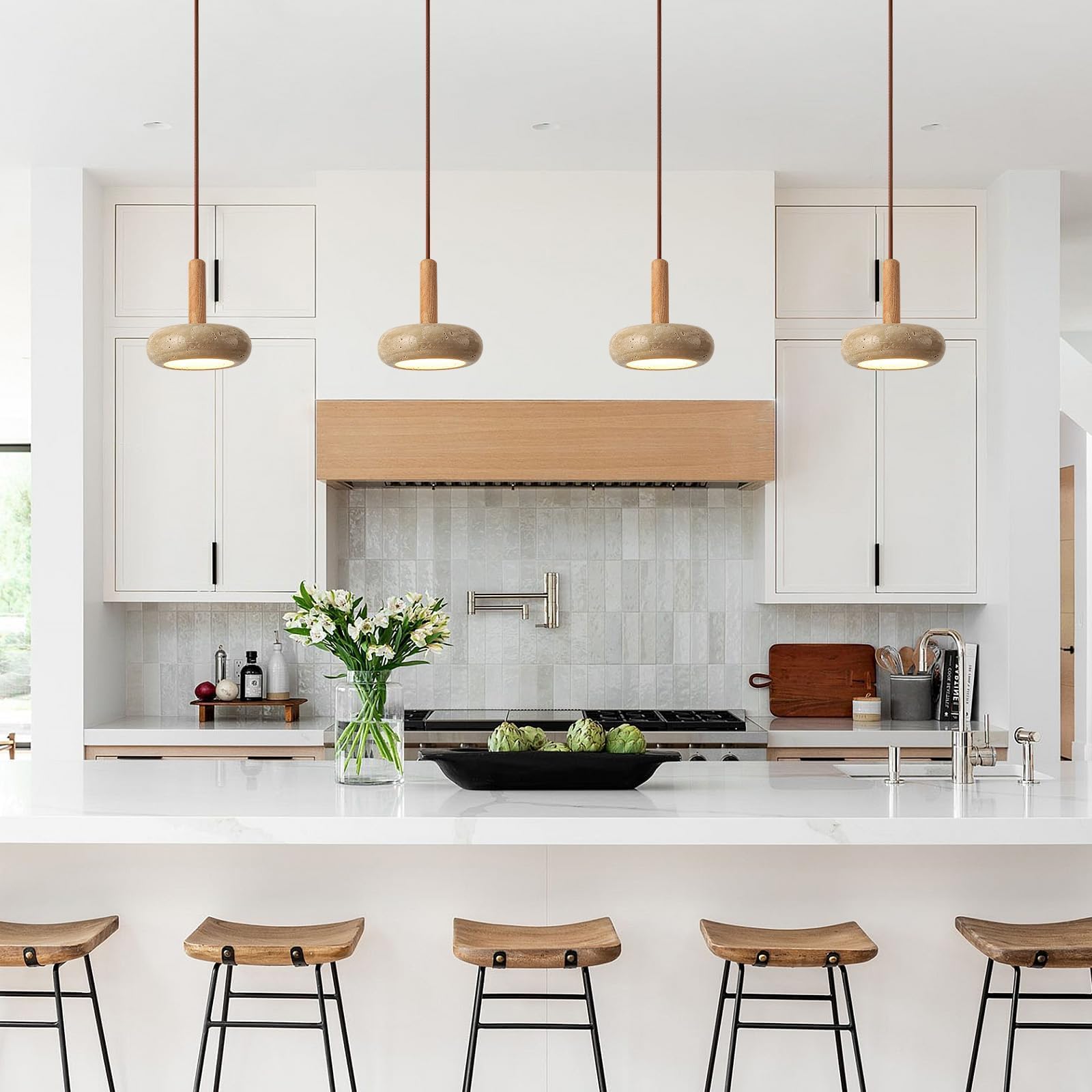 Lustre Japonais Wabi-Sabi Travertin Jaune – Suspension LED Bois Réglable, Style Naturel Chic