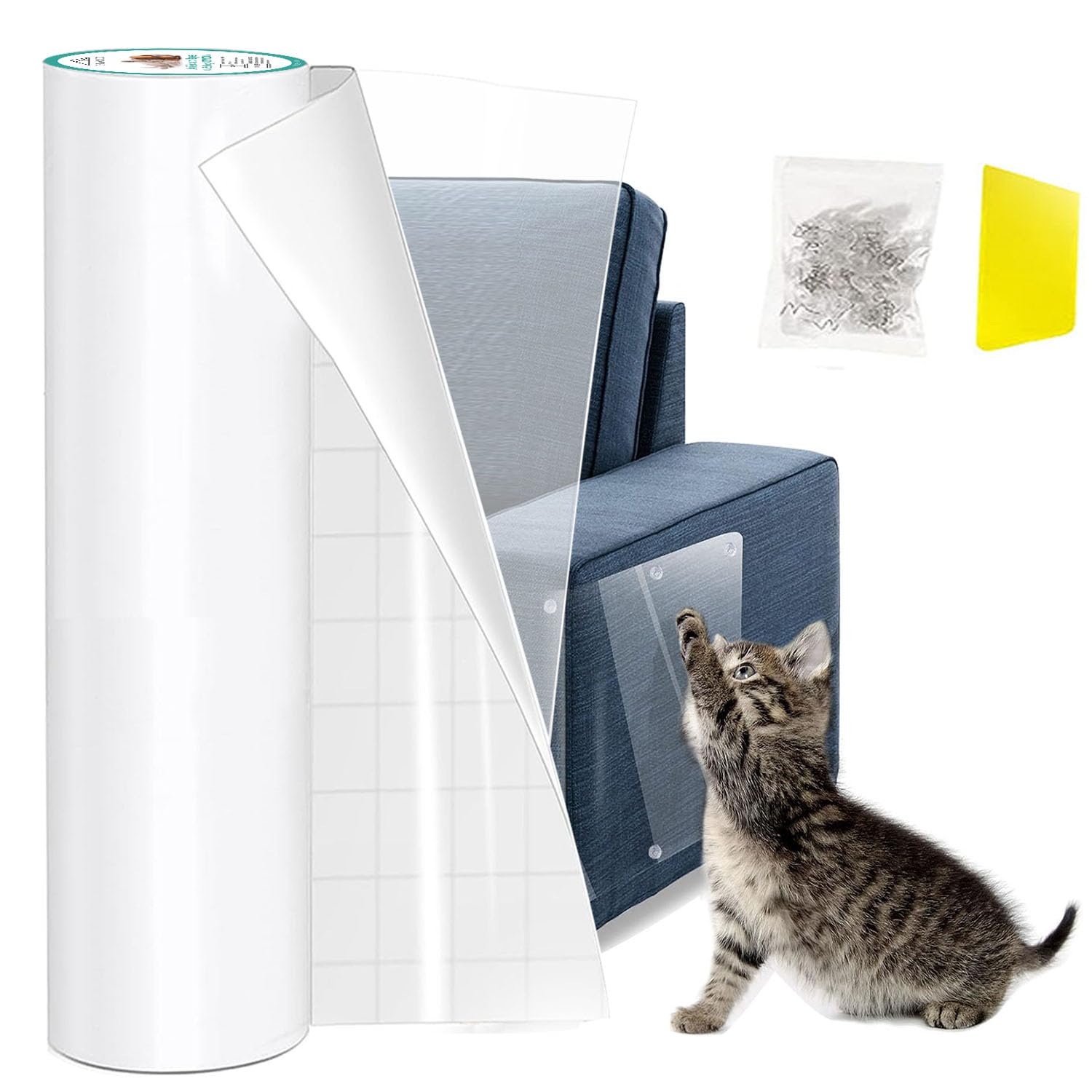 CHUANGSEED Anti-Scratch Cat Scratching Deterrent Tape 30cm x 3m Clear Training Self Adhesive Tape, with 30 Pins 1 Scraper Cat Claw Sofa Protector Flexible Door Scratch Shield (30cm x 3m)