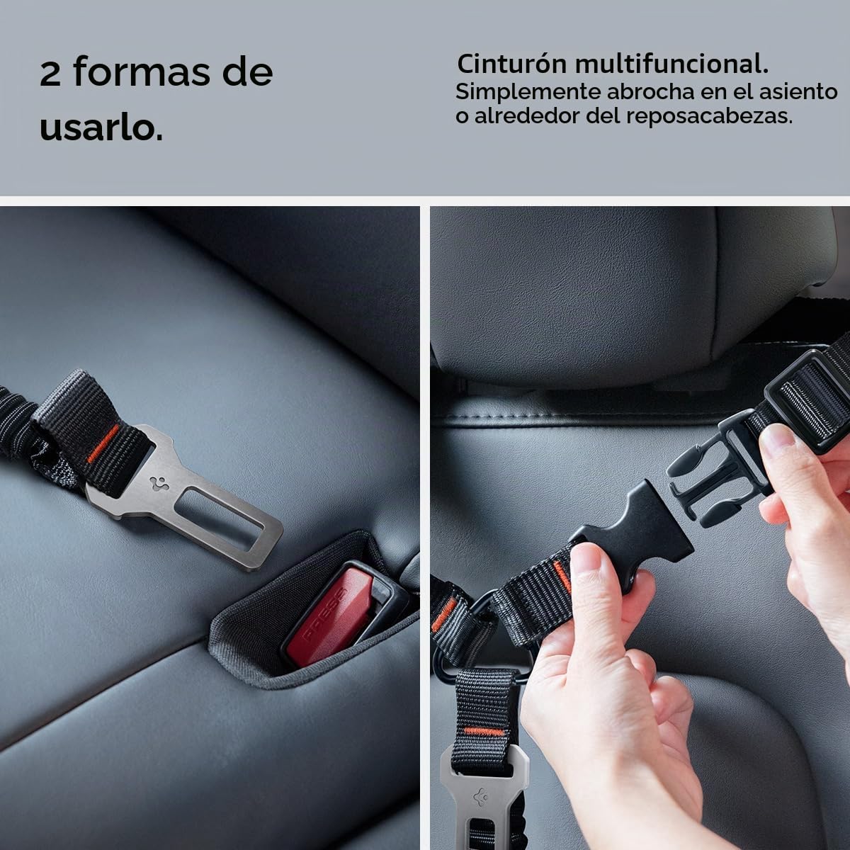 Spigen Cinturón Seguridad de Coche para Perros, Arnés de Coche para Perros con Elástico, Correa Ajustable y Resistente con Gancho Metálico Giratorio 360° para Tesla Model Y 3 y más