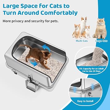 Stainless Steel Cat Litter Box, 19.7 L x 13.8 W x 11.8 H Large Semi Enclosed Removable Metal Litter Tray with High Sided Enclosure, Scoop, Anti-Leakage, Non-Sticky, Easy Cleaning