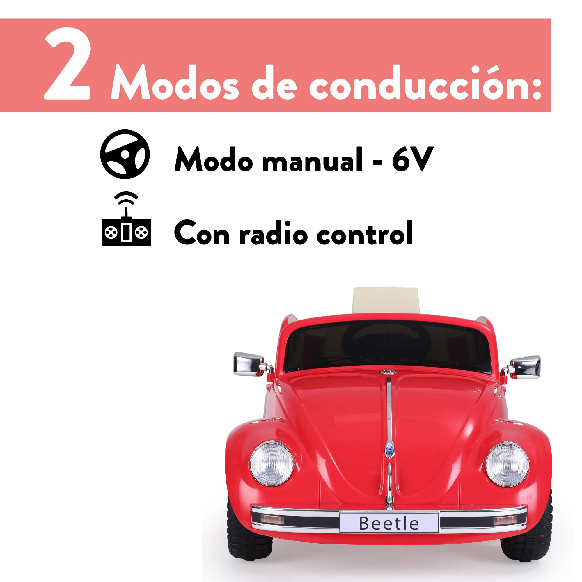FEBER Maggiolino rosso 12V, auto elettrica, radiocomando fari con luce, 2 marce, acceleratore e freno elettrici, da 3 anni, FAMOSA (800013448)