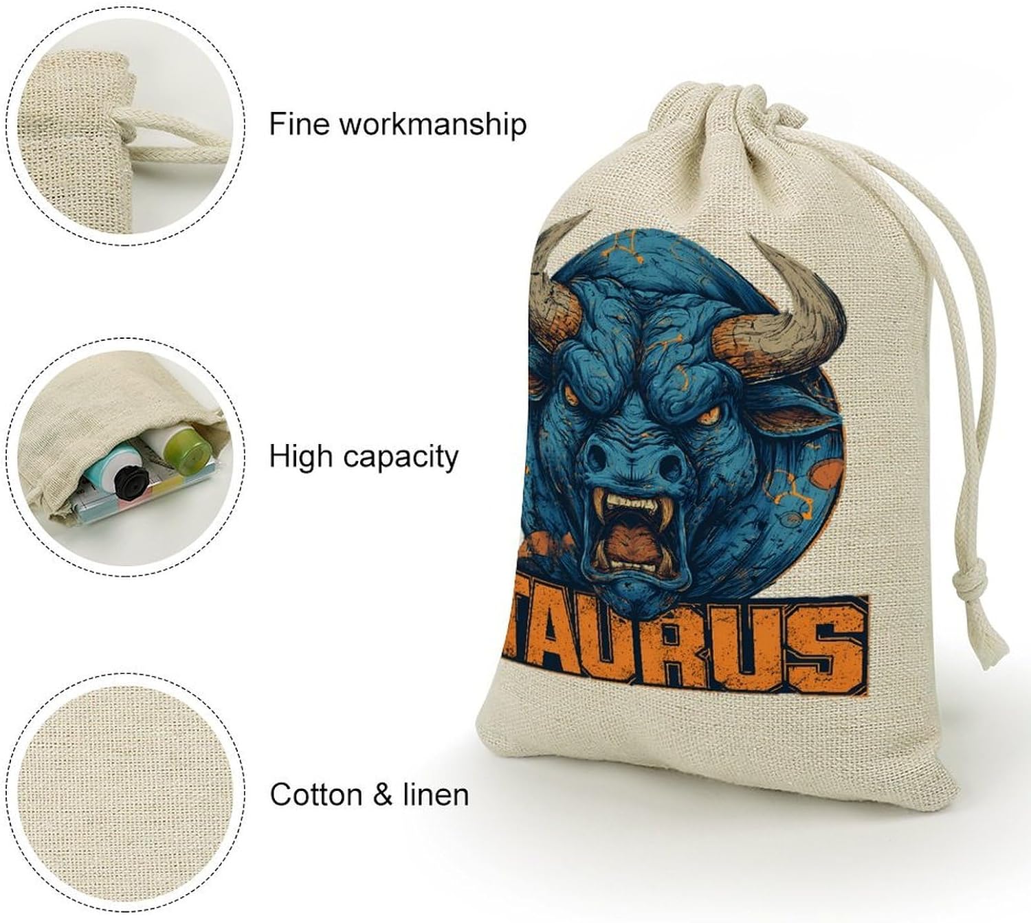 Taurus Constellation Bull Cow Drawstring Bags Cotton Linen Pack of 8 | Reusable Storage Gift Pouch Party Home Supplies