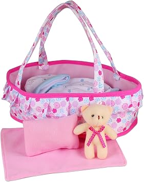 Baby Doll Cradle Bassinet Portable Doll Carrier Carry Bag,Doll Accessories Playset,with Soft Pillow Quilt Blanket Bear,for 8-9-10-11-12 Inch Smaller Alive Baby Doll Flower Pattern