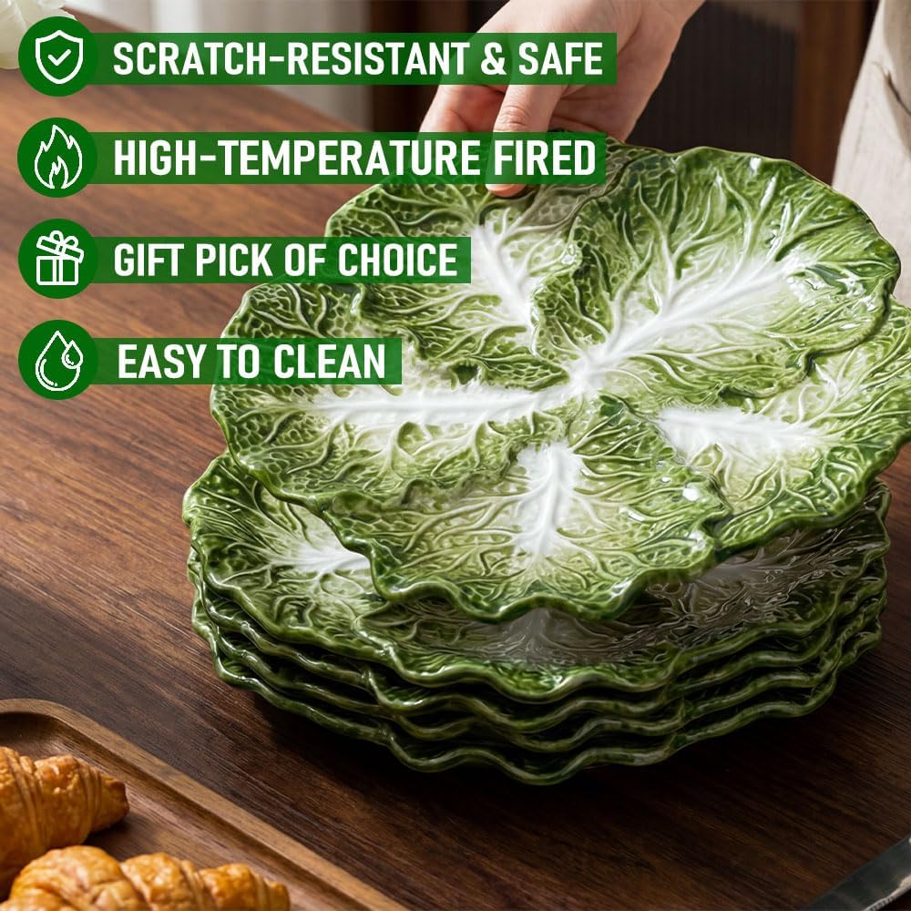 KXZ 4-piece Green Ceramic Cabbage Plates, 8-inch. For desserts, dinner, etc. Microwave & dishwasher safe. Ideal for kitchen tableware, decoration & dining.