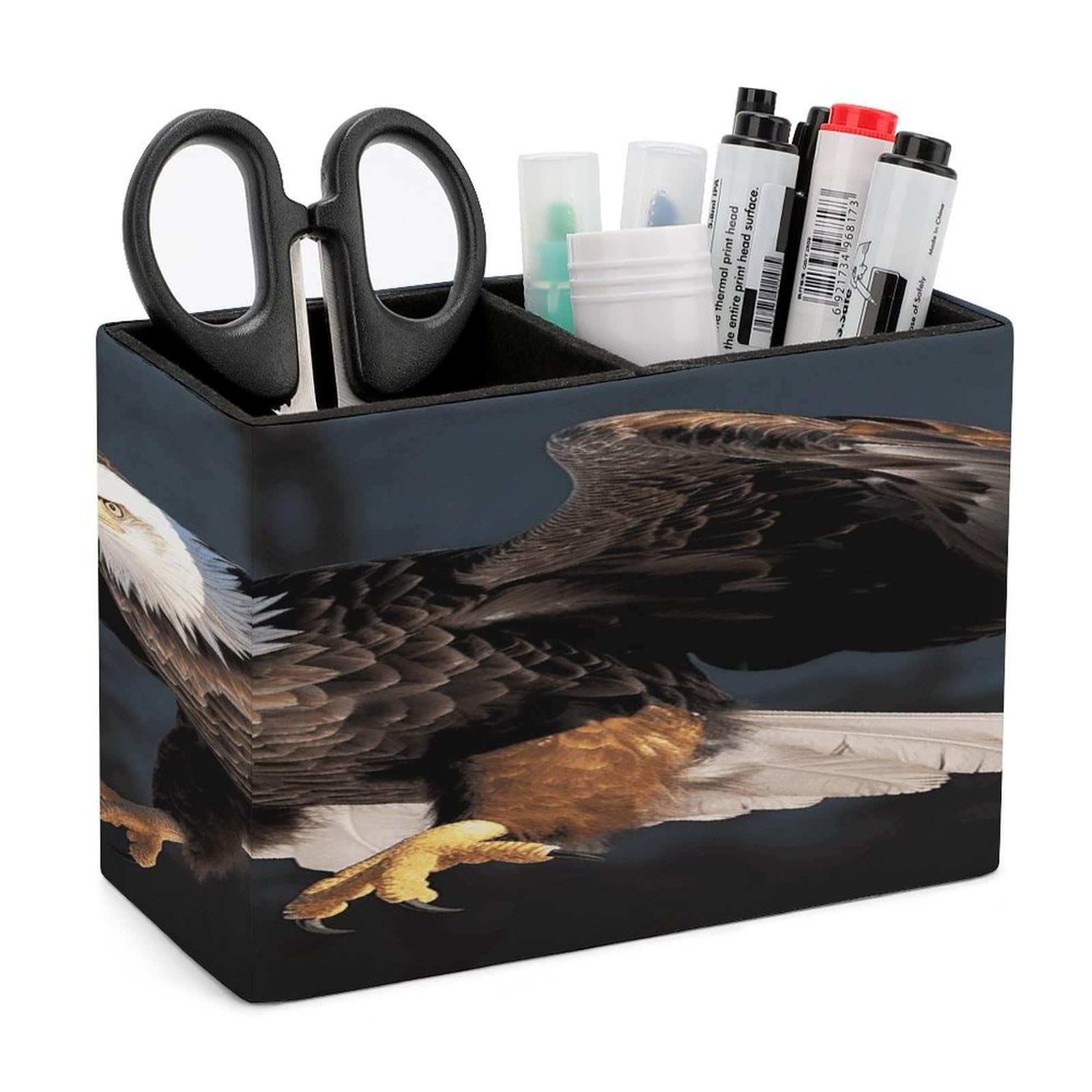 FekiLoot PU Leather 3D Bald Eagle Pen Holder for Desk 2 Compartments Desktop Stationary Organizer Rectangle Table Pencil Cup Stand Desktop Stationery Organizer Case for Office Home