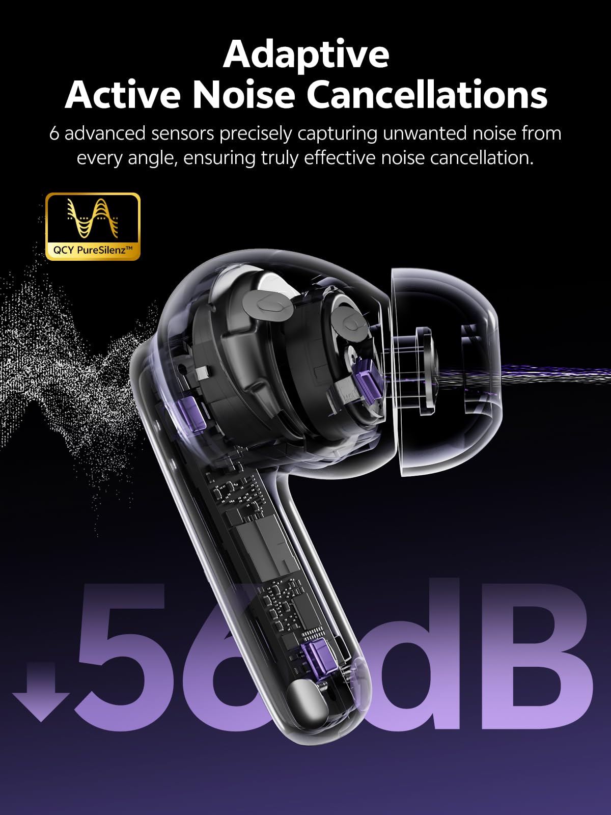 QCY MeloBuds N70 Auriculares Inalambricos Bluetooth 6.0, Cancelación Activa de Ruido Adaptativa, Hi-Res Audio LDAC, Sonido Espacial, 50H Reproducción, Carga Inalámbrica, Connexion Multipunto, Morado