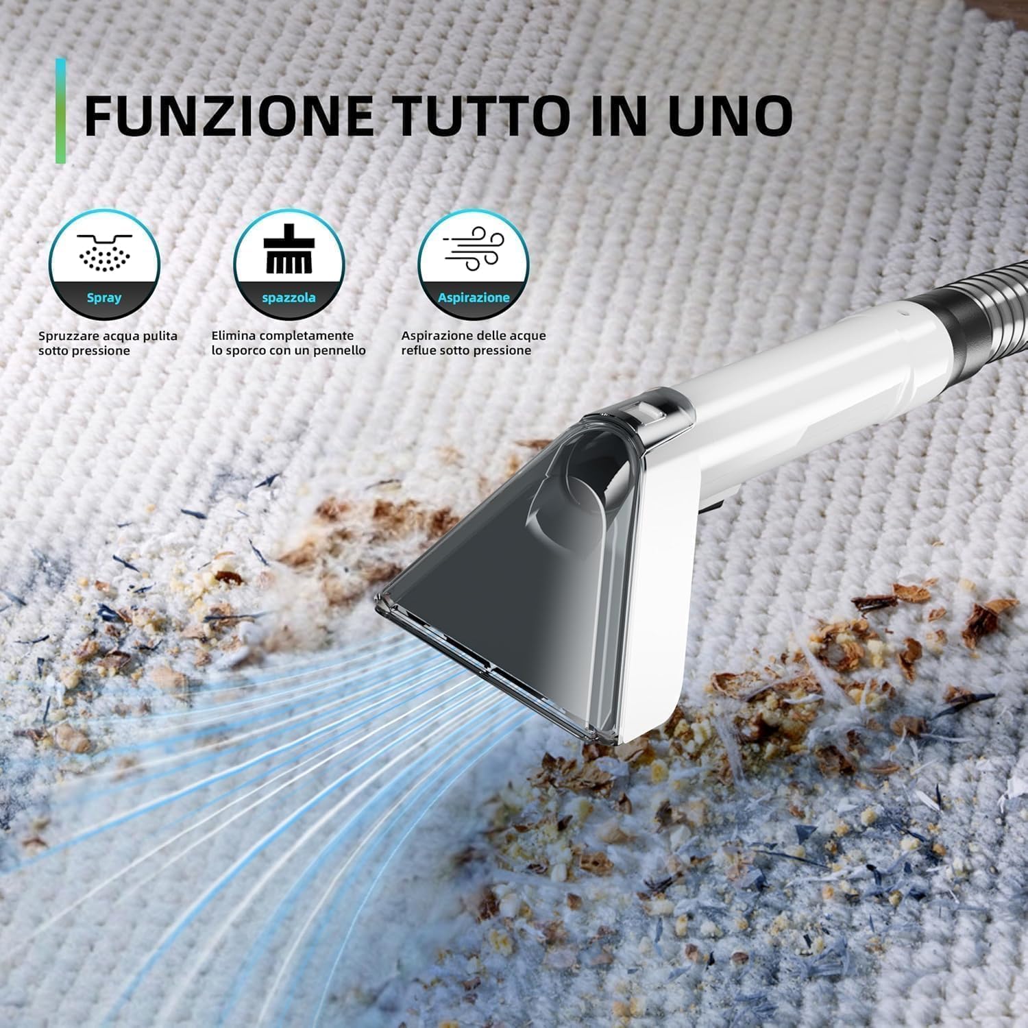 Aspiradora Agua Tapiceria Limpiador, con calentamiento instantáneo, 600W potente succión y limpieza profunda para alfombras, sofás, coches y mascotas (Blanco)
