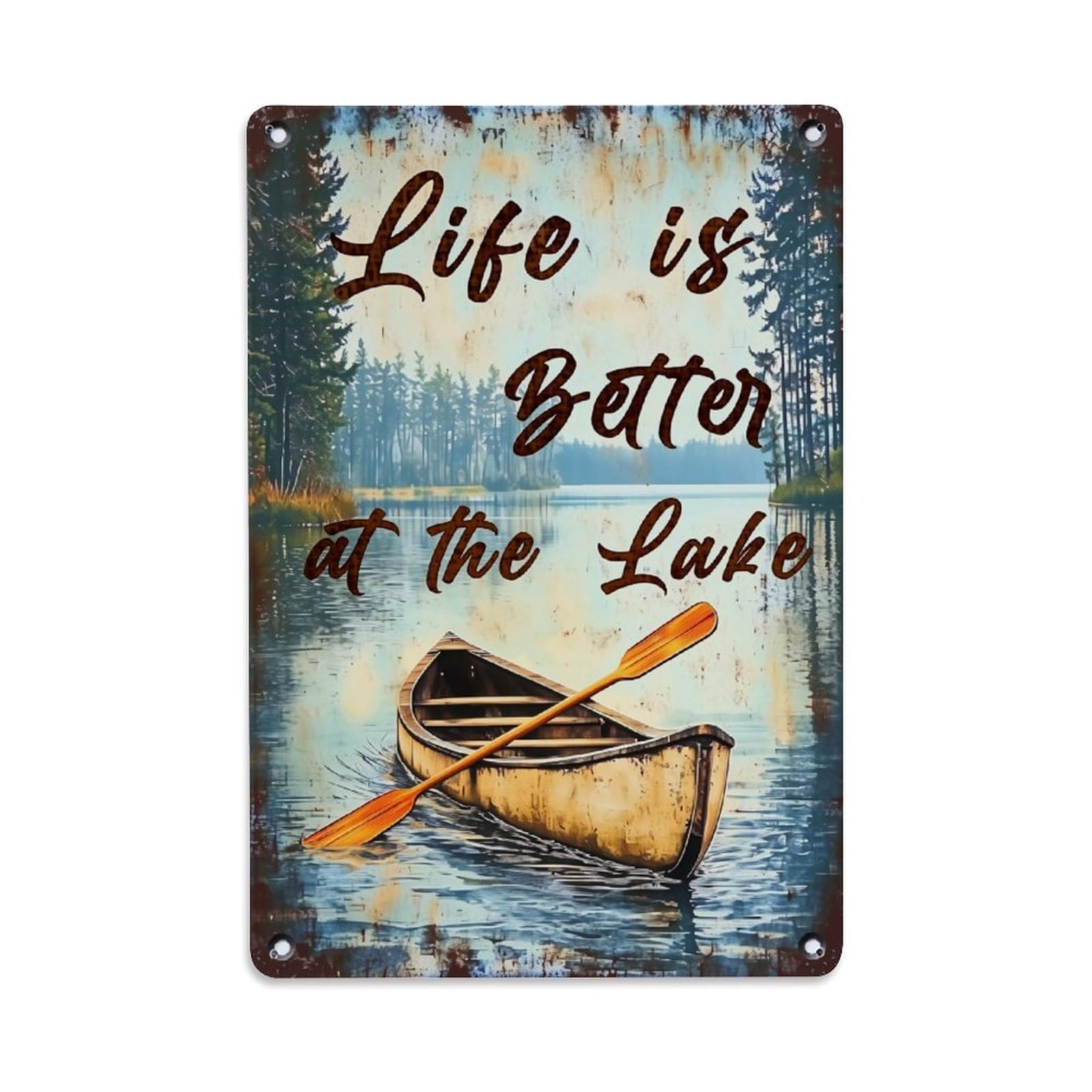 Jdyaojiesheng Vintage Lake Canoe Forest Water Sky Tin Sign Retro Metal Wall Decor Metal Poster, Home Bar Garage Farmhouse Cafe Wall Art Decoration 8X12inches