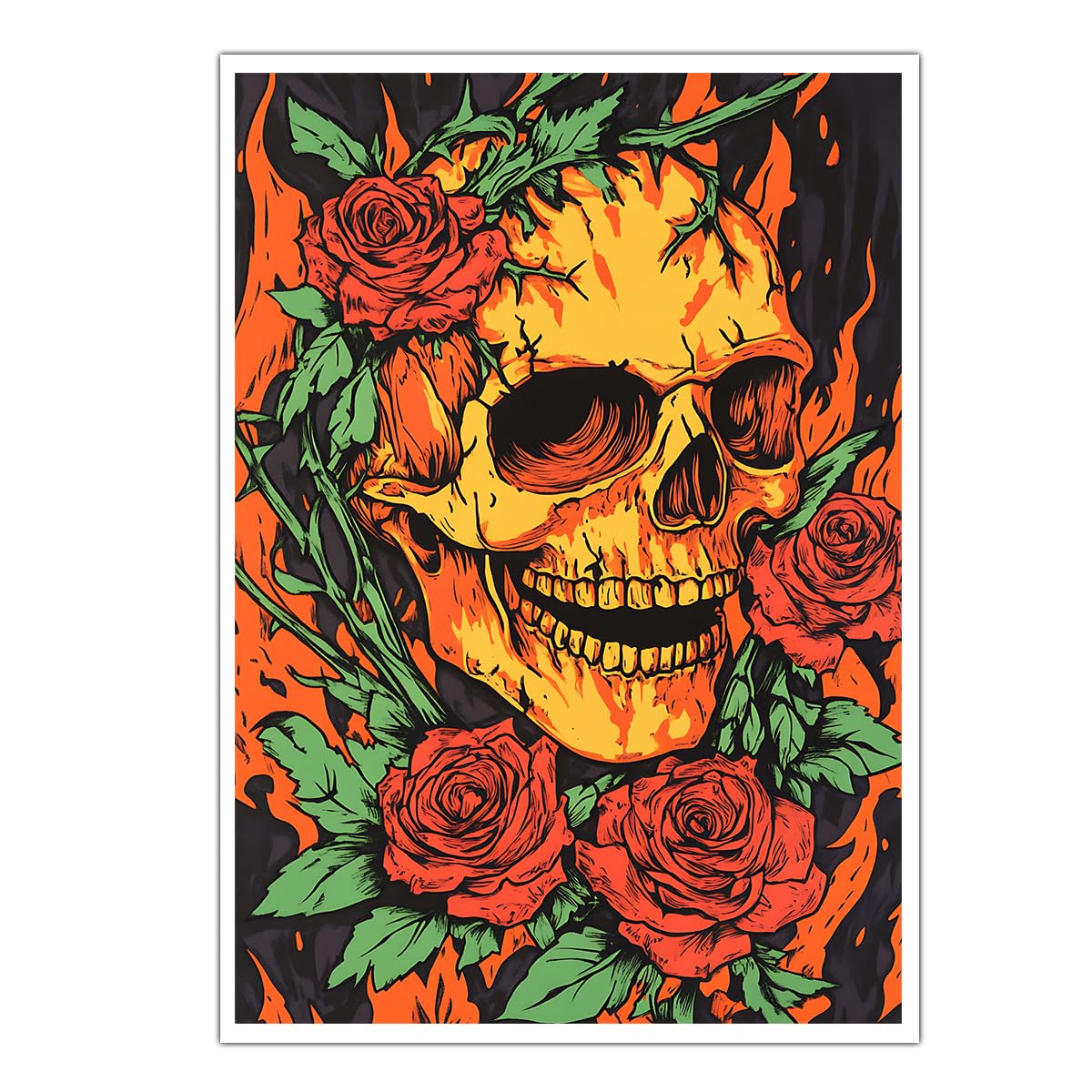 SHENGPOSTER Colorful Vintage Fiery Garden Fantasy Skeleton Wall Art Posters Halloween Canvas Prints Rural Abstract Home Wall Decoration for Living Room, Unframed 70x105cm