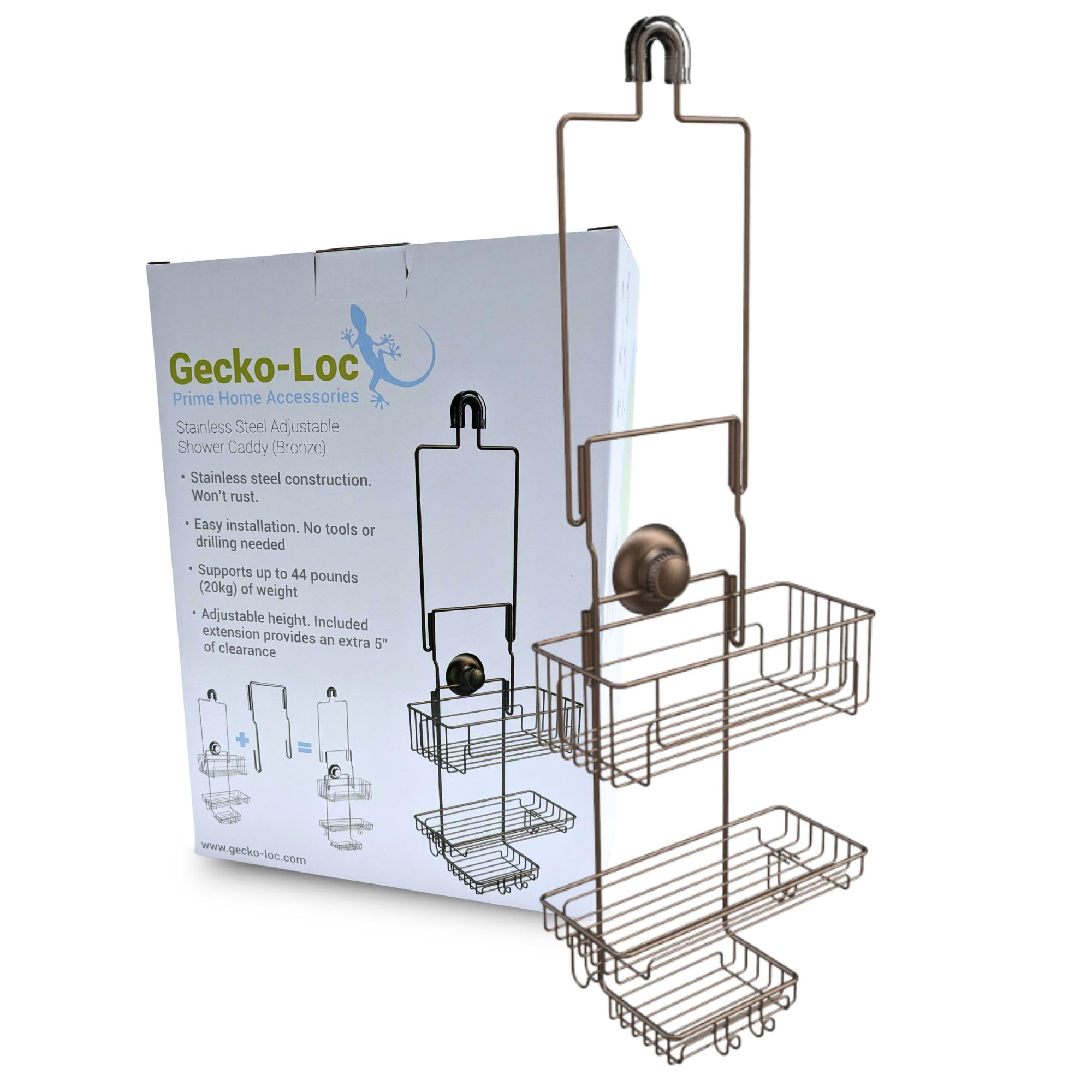 Gecko-Loc Organizador de ducha con cuello extra largo sobre el cabezal de ducha, organizador de almacenamiento profundo para champú (bronce)
