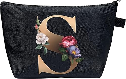 CTNUOBEE Bolsa de comestic con letras del alfabeto dorado con bolsa de maquillaje de flores, bolsa de viaje portátil con cremallera, bolsa de aseo