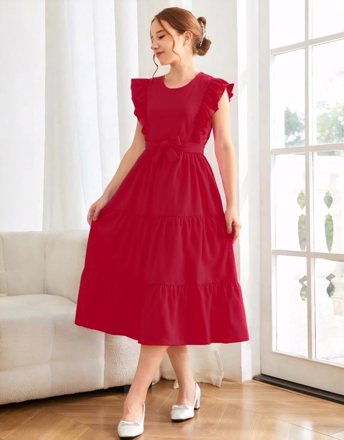 Girls Summer Dresses Ruffle Sleeve Dress A Line Swing Belted Casual Solid Color Party Dress 6-14 Years - Image 2