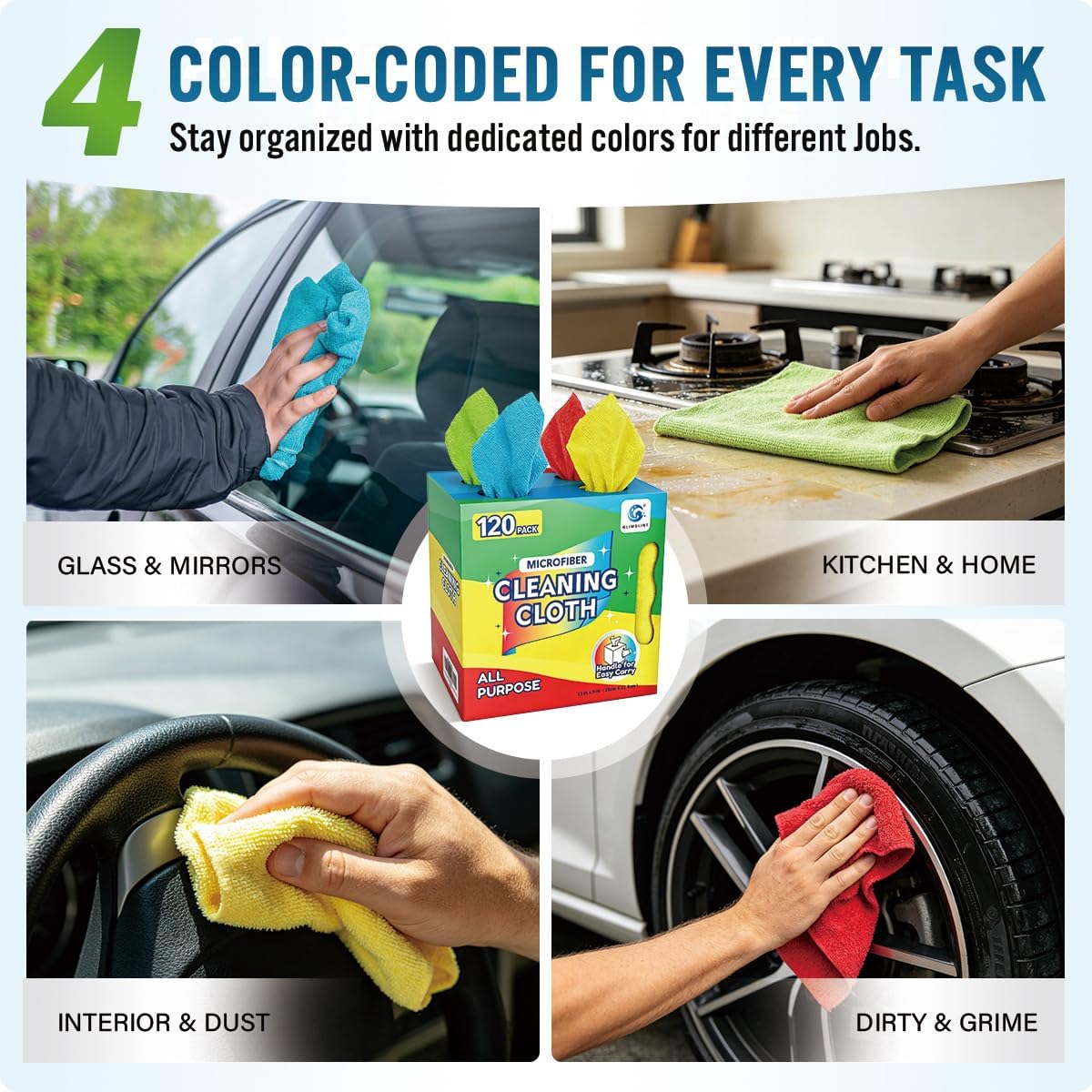 GLIMGLINT Microfiber Cleaning Cloth 120 Pack, Reusable Paper Towels with Dispenser Box - Multi-Color Lint-Free Microfiber Towels for Cars, Home, Kitchen, Glass & Screen - 11" x 9" Washable Shop Rags