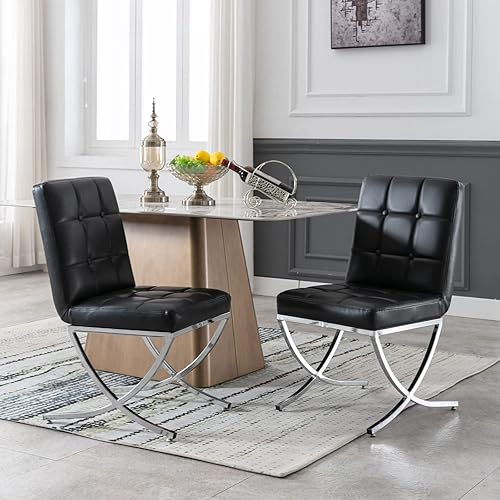 Miniatura 9 de LukeAlon Juego de 2 sillas de comedor de piel sintética, tapizadas con botones y patas de metal, modernas sillas de comedor sin brazos, cómodas